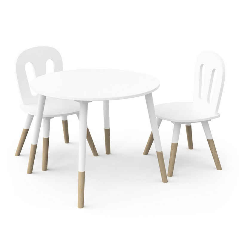 habeig Kindertisch Tisch & 2 Stühle Kinderset Sitzhocker Holz weiß Sitzgarnitur Kinder (3er-Set), sehr gut verarbeitet