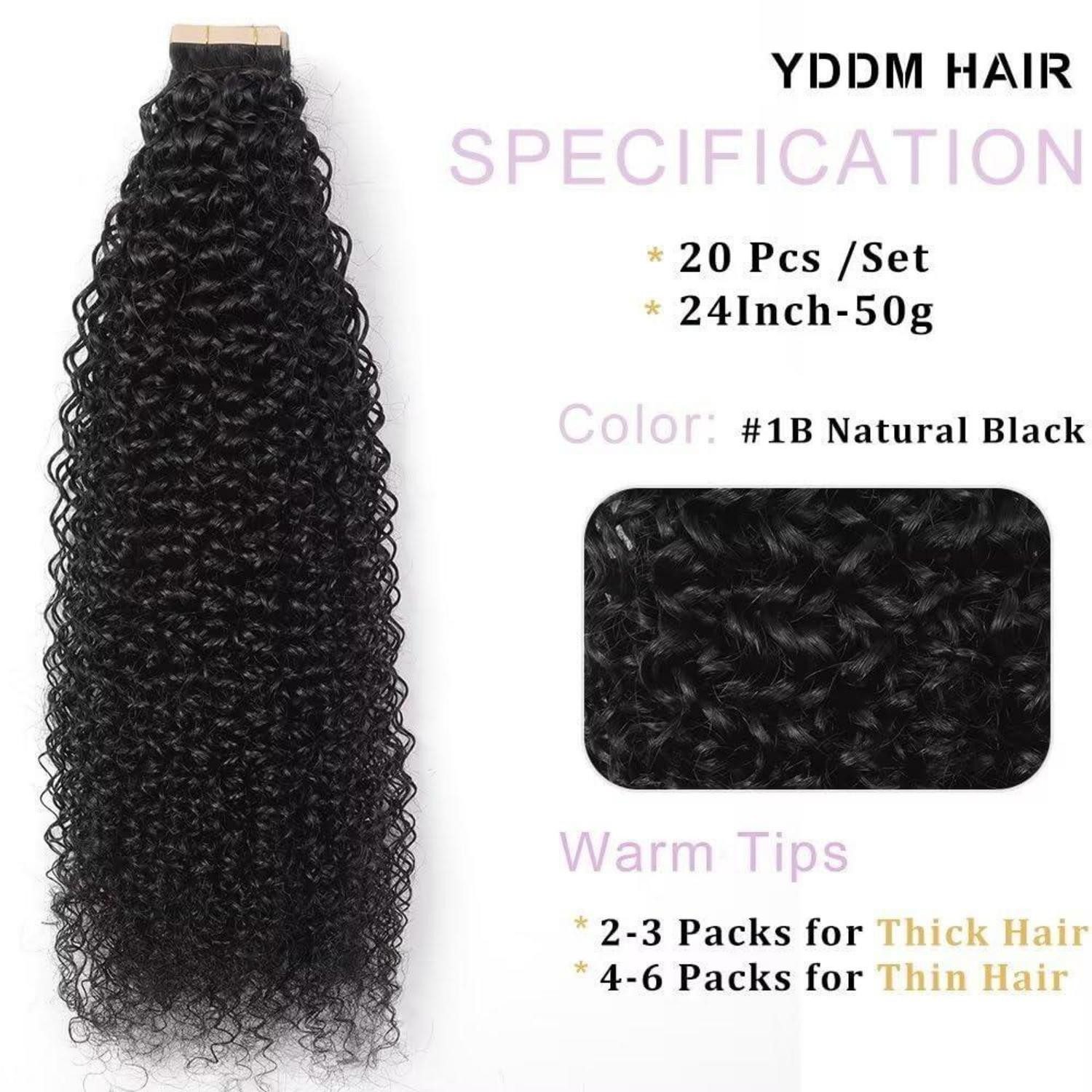LuxusKollektion Echthaar-Extension Tape Extensions Echthaar Kinky Curly 1B# 24zoll-61cm(20er Pack)