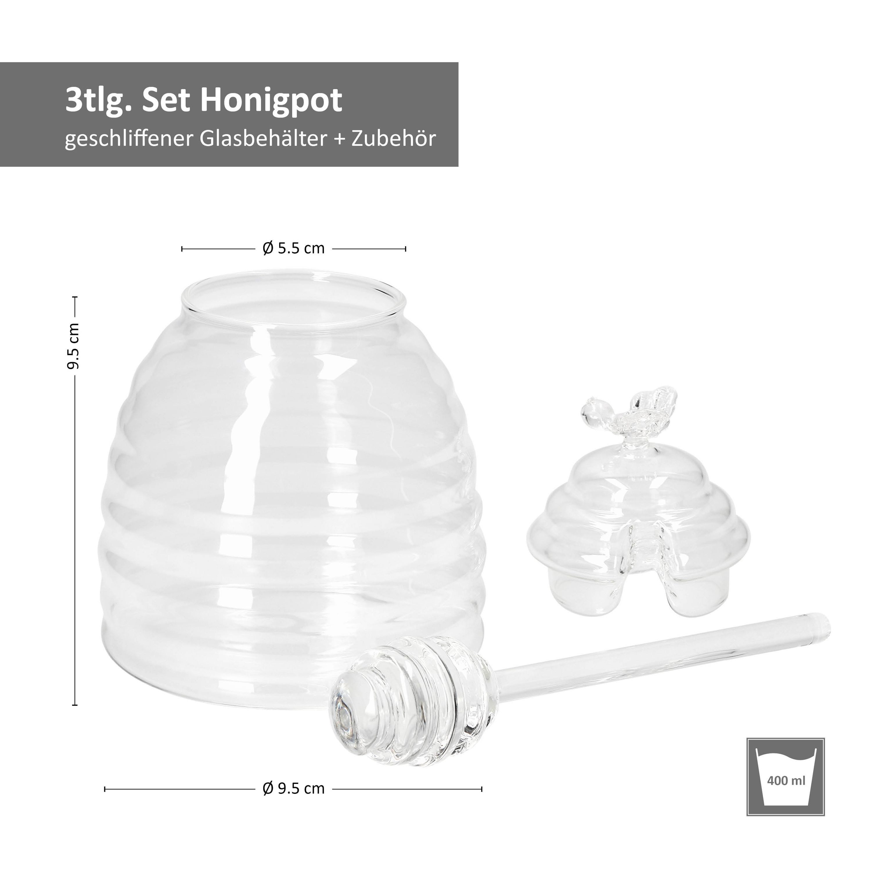 MamboCat Vorratsglas 3tlg Set Honig 400ml Bienchen-Deckel Honiglöffel Glasbehälter, Glas – Bild 4 von 5
