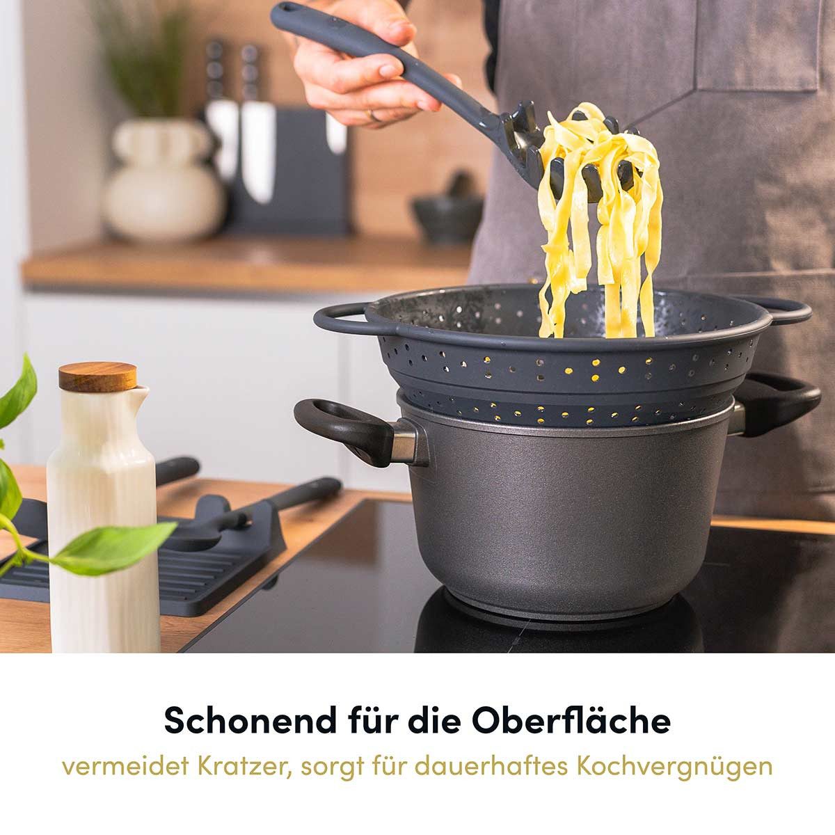 Hoffmann Germany Küchensieb Faltsieb Silikon Edelstahlring 23 cm anthrazit – platzsparend, Silikon, (1-St), 200°C, spülmaschinenfest, faltbar, Nudeln & Gemüse