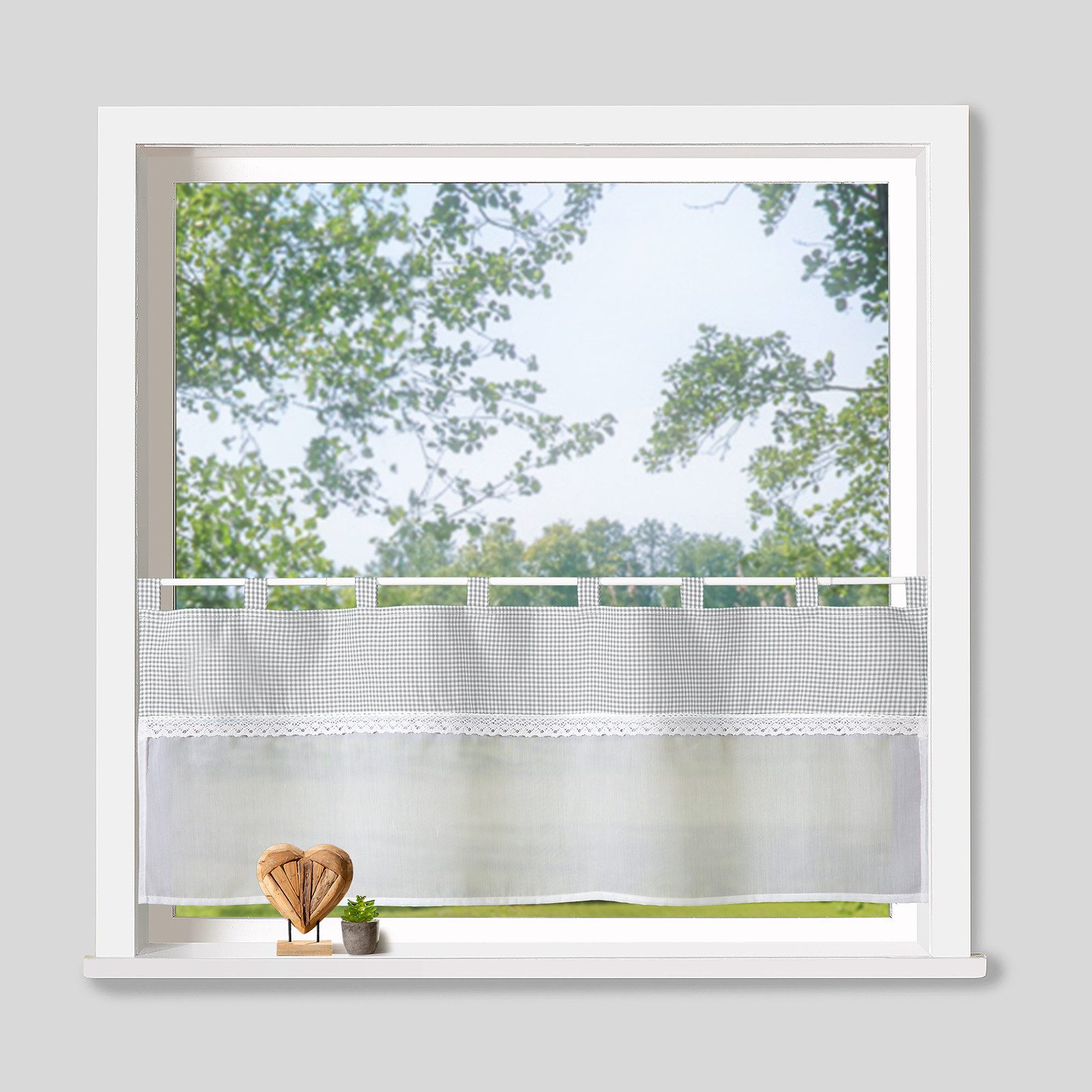 heimtexland Scheibengardine Landhaus Bistro Gardine Küche Batist Vichy Karo (1 St), Schlaufen, halbtransparent, Batist-Optik, Schlaufen I Häkel-Borte I Fensterd – Bild 5 von 5