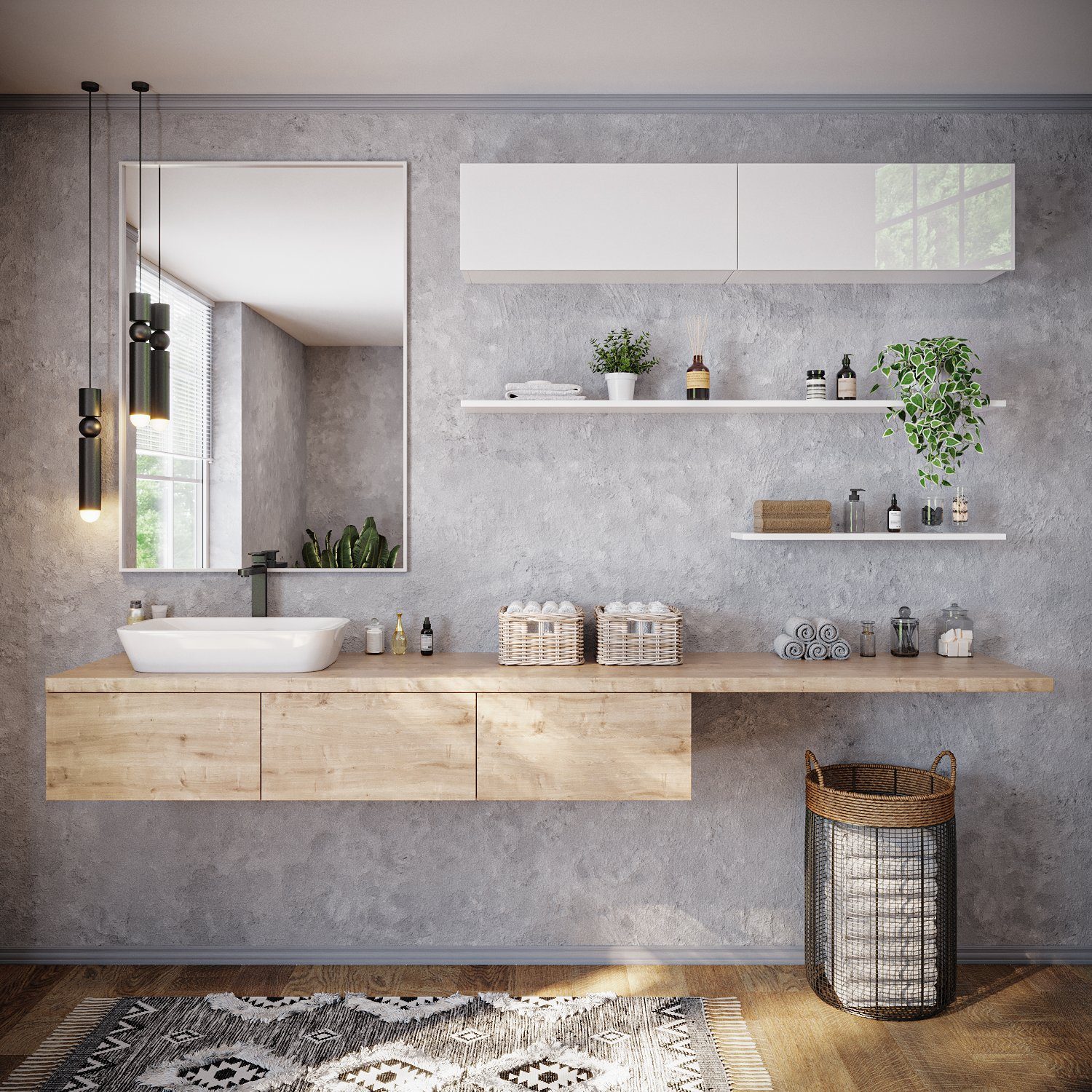 Platan Room Badezimmer-Set, (Set, 2-tlg), Badschrank Hängeschrank 160/200/240 cm Hochglanz