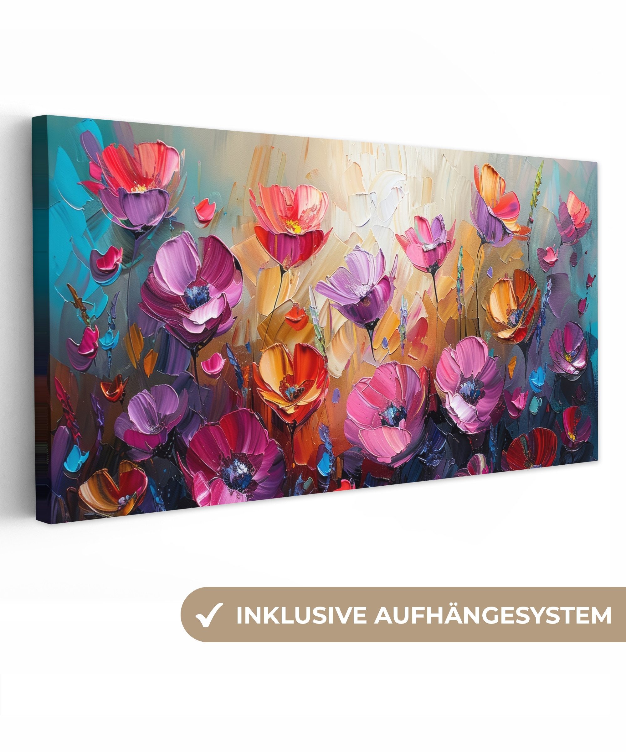 OneMillionCanvasses® Leinwandbild Panorama Blumen - Lila - Farbenfroh - Handbemalt - Kunst, Fotodruck (1 St), Wandbild, Deko Schlafzimmer Wohnzimmer Flur 40x20 cm