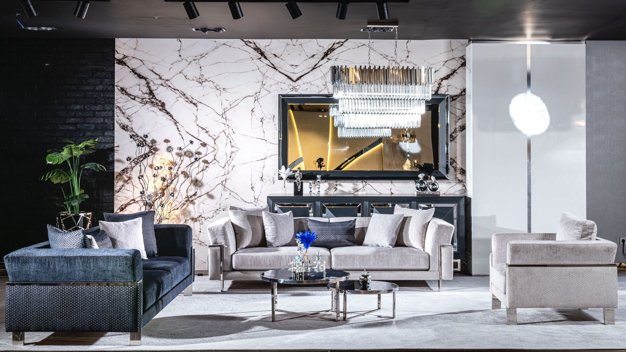 JVmoebel Wohnzimmer-Set Elegante Polstergarnitur in Blau und Grau mit Anrichte und Spiegel, (7-St., 3 Sitzer:2x, 1 Sessel, Anrichte, Spiegel, Couchtisch), Made in Europa