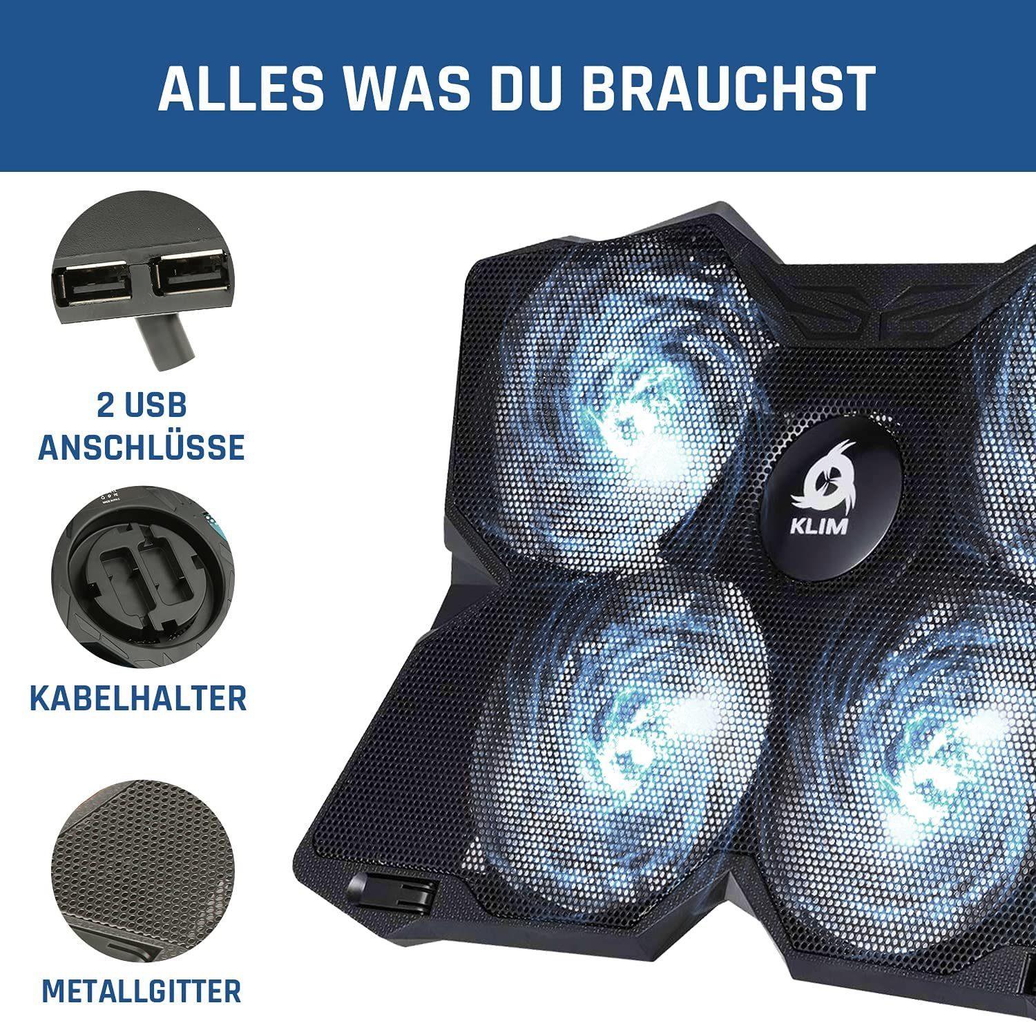 KLIM Notebook-Kühler Wind, Laptop-Kühlpad – der leistungsstärkste schnelle Kühlventilator