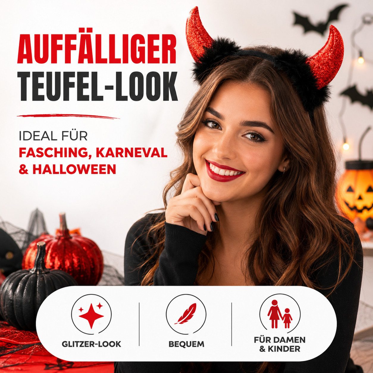 Kostümheld® Teufel-Kostüm Teufelsohren Teufelshörner Teufel - Halloween Kostüm Damen, Flexibles Band / Realistisches Design