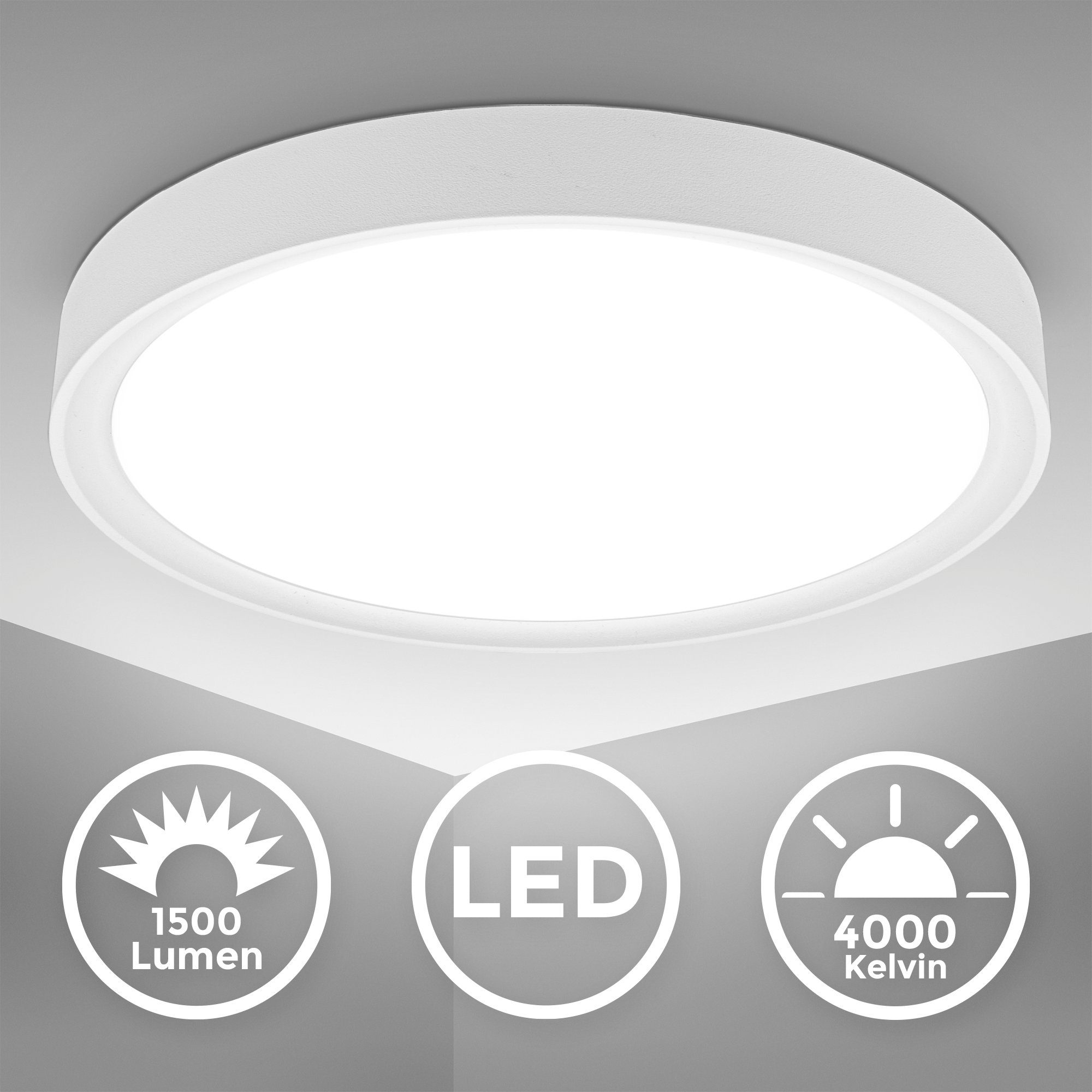 B.K.Licht LED Deckenleuchte Küchenlampe fest BK_DL1465 1.500 IP20 4.000K integriert, 15W, Ø33,5cm, Neutralweißes Neutralweiß, mit Licht, LED Lumen, Weiß-Matt, LED Kunststoff, Deckenlampe