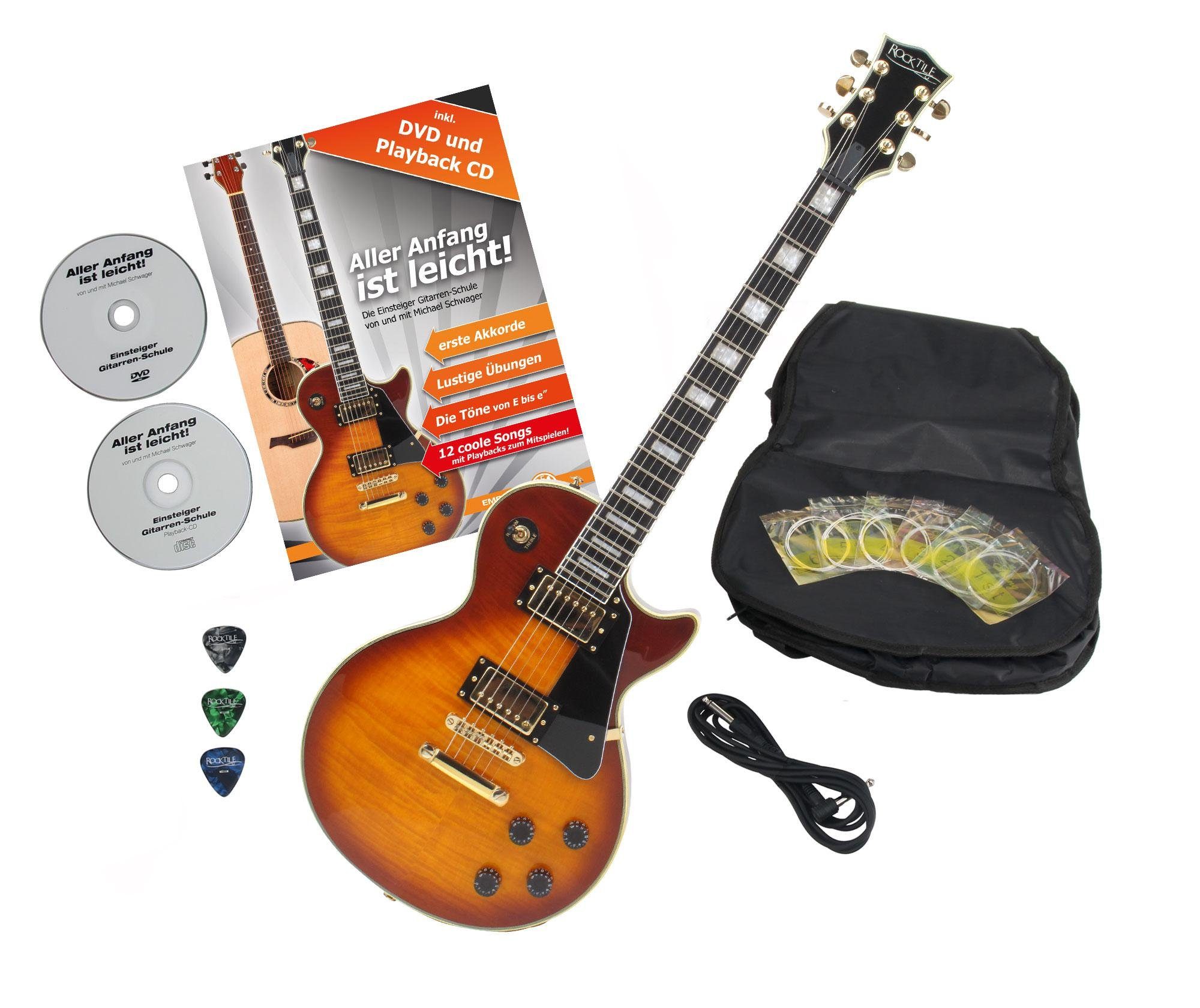 Rocktile E-Gitarre Pro L-200OHB elektrische Gitarre, Single Cut, Spar-Set, inkl. Gigbag, Kabel, Plektren, Schule & Saiten, 2 Humbucker - 22 Bünde, Korpus: Mahagoni - Palisander Griffbrett