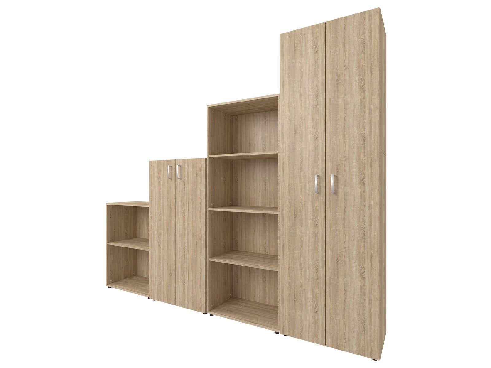 möbelando Aktenschrank Trio 2345 (4-St) zeitlose Kombination aus Spanplatte in Sonoma/Eiche mit höhenverstellbaren Einlegeböden. Breite 228 cm, Höhe 186,5 cm, Tiefe 34,5 cm - Made in Germany Sonoma-Eiche | Sonoma/Eiche