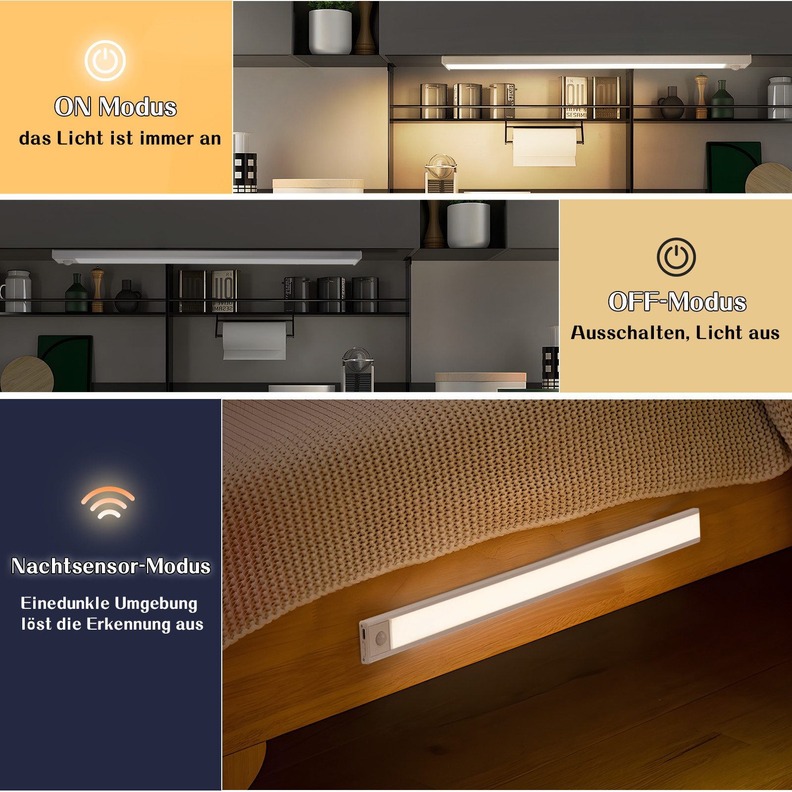 Nettlife LED Unterbauleuchte Bewegungsmelder dimmbar 20/30/40 cm wählbar USB Schrankbeleuchtung, LED fest integriert, 3 Farbtemperatur Aufladbar Schrankleuchte  – Bild 4 von 5