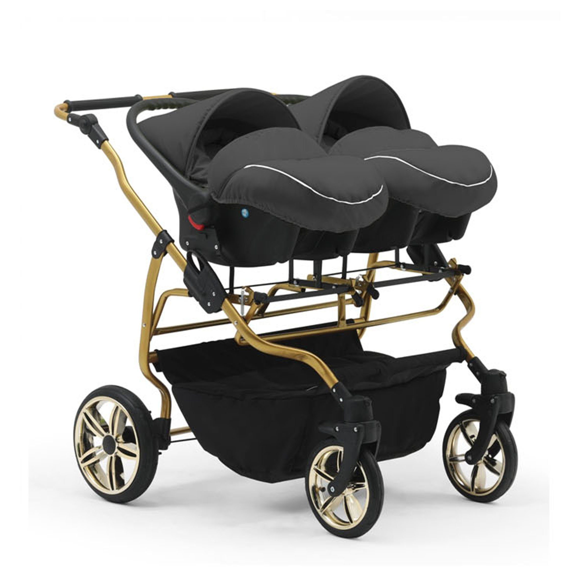 BabyMerc Zwillingswagen Duet Lux Gold 4 in 1 inkl. Sportsitze und Autositze in 20 Farben