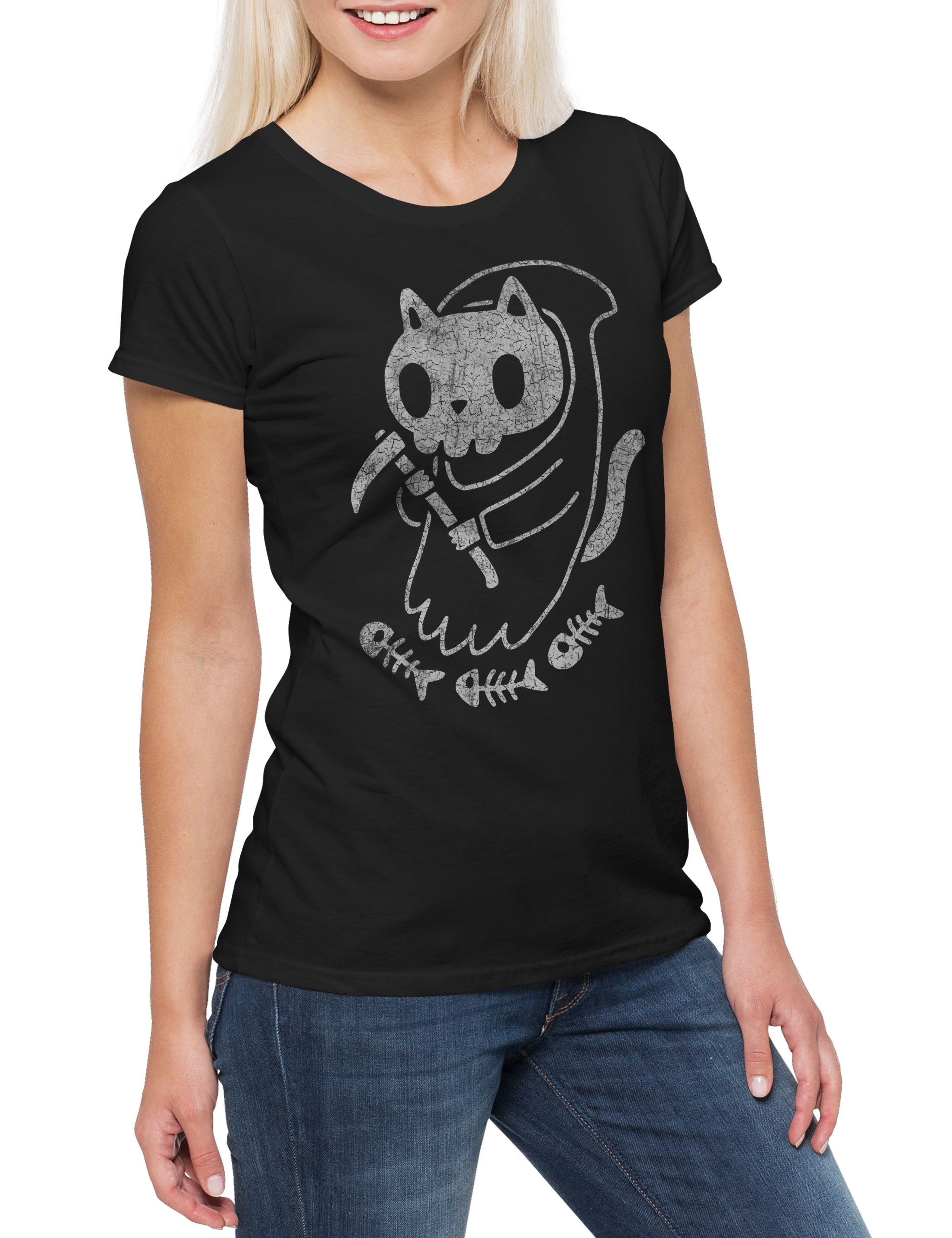 Print-Shirt Cat Reaper II Damen T-Shirt Cats Katze Katzen Reaper Love Liebe Kitty