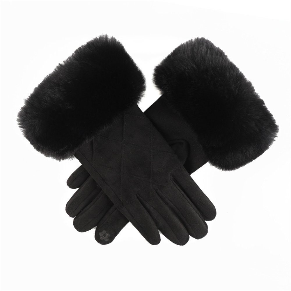 Rouemi Lederhandschuhe Damenhandschuhe, Plüschhandschuhe aus warmem, kariertem Wildleder Schwarz