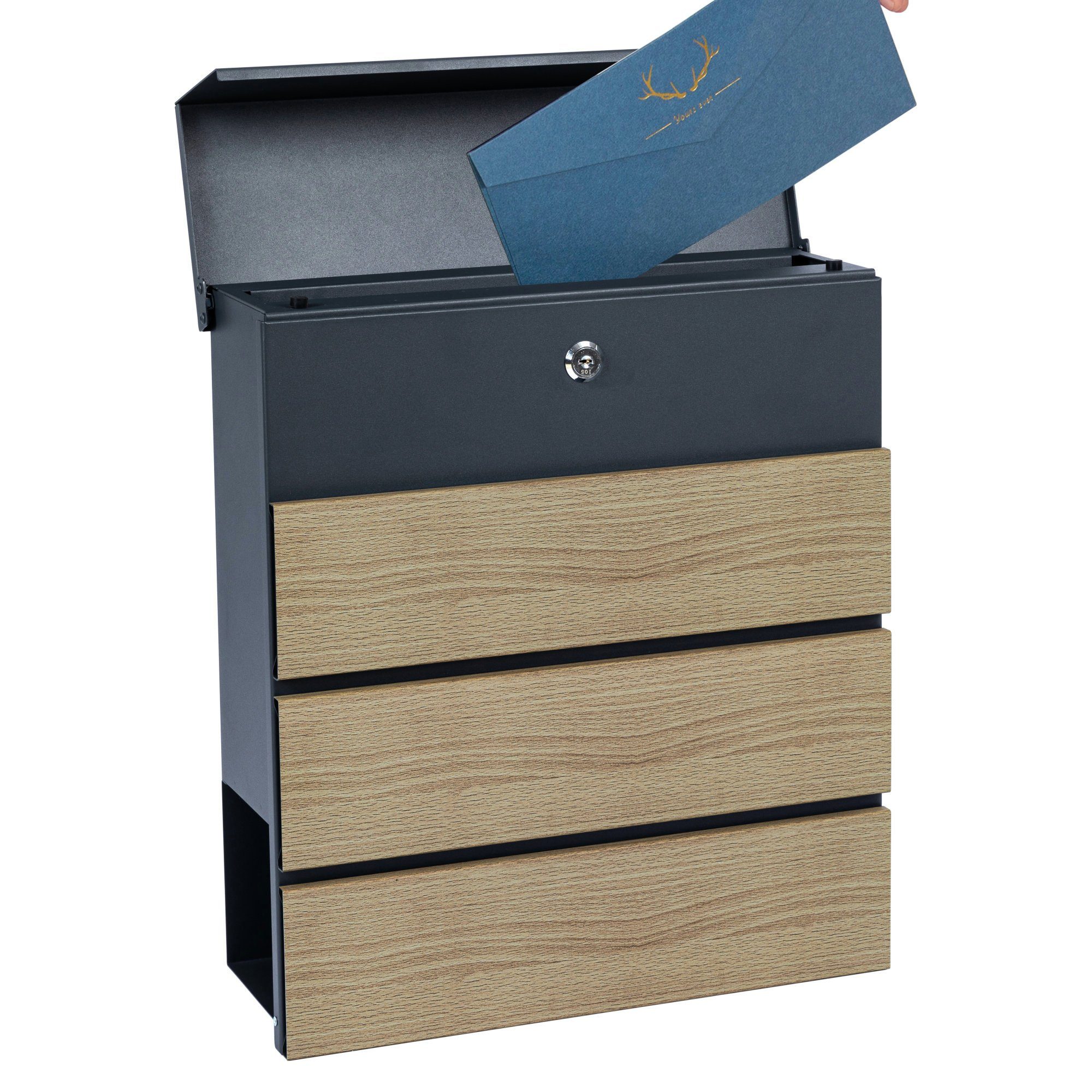 Zelsius Wandbriefkasten Briefkasten Wood Mechanismus, RAL7016 Absenkautomatik Soft-Close mit Anthrazit, Holzoptik, Integrierter Zeitungsfach