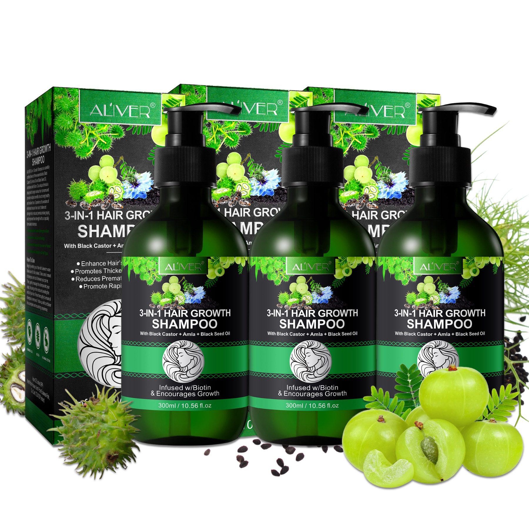 ALIVER Haarshampoo Kopfhaut Pflege Haarwachstum mit Rizinusöl Amlaöl Schwarzkümmelöl, 3-tlg., Vegan, mit biotin angereichert