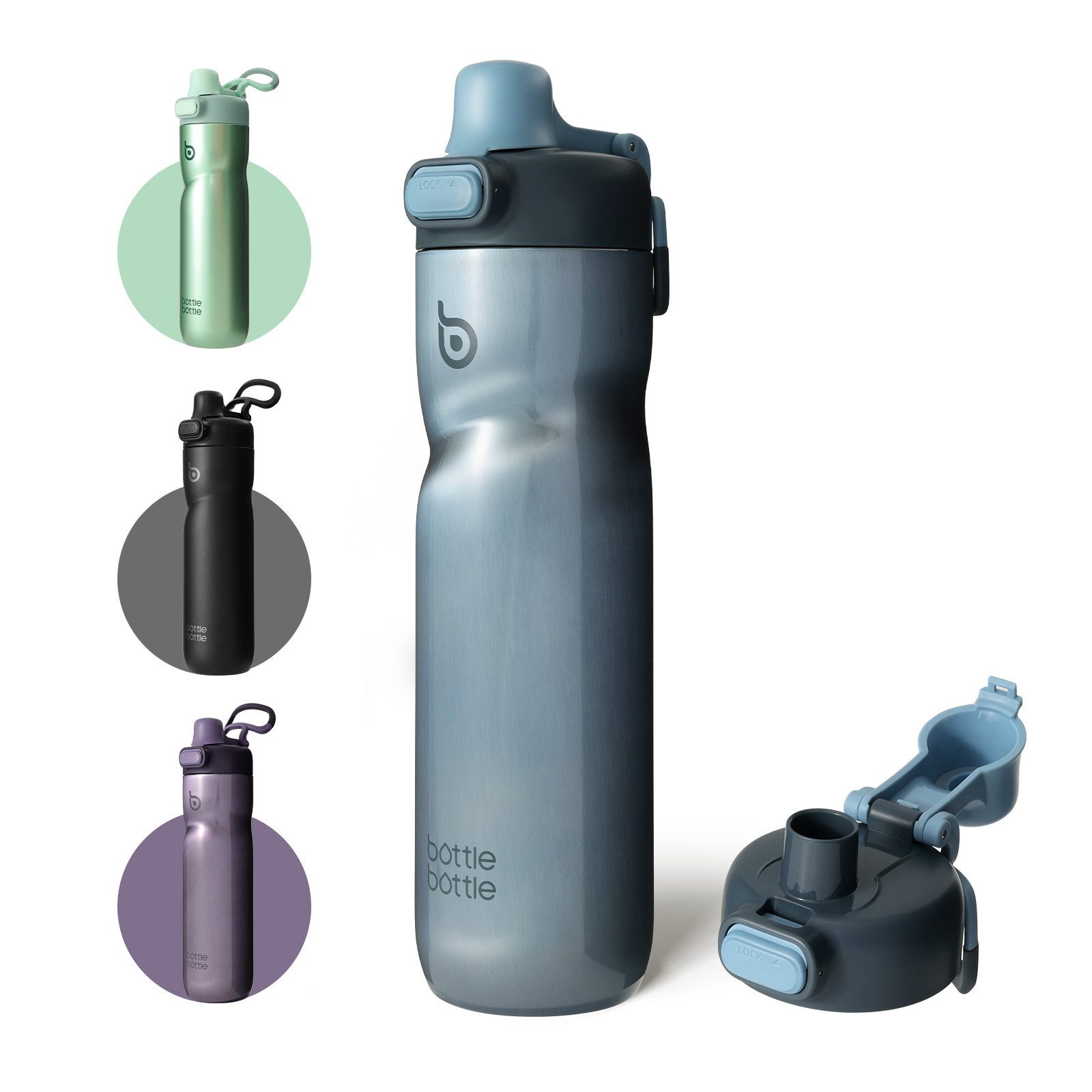 BOTTLE BOTTLE Trinkflasche Isolierte Wasserflasche, 680 ml, mit Griff und Klappdeckel, Fahrrad-Wasserflasche, Druckknopf-Deckel, auslaufsicher, tragbar