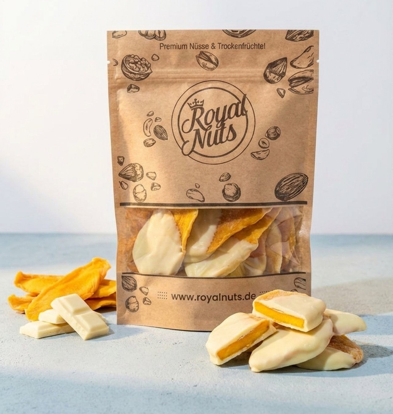 Royalnuts Genuss GmbH Schokolade 500g Getrocknete Mango mit weißer Schokolade, Royalnuts