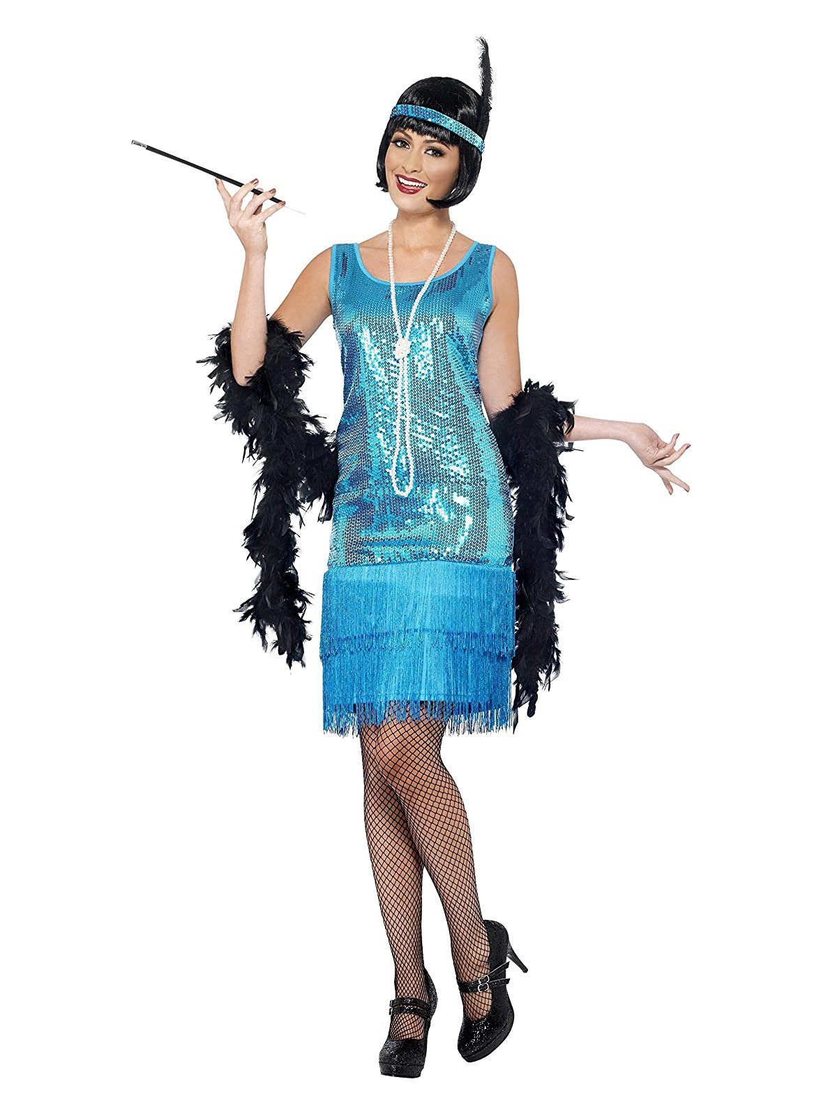 Smiffys Kostüm Türkises Flapper 20er Jahre Kleid, Hellblaues Abendkleid für Damen der Goldenen 20er