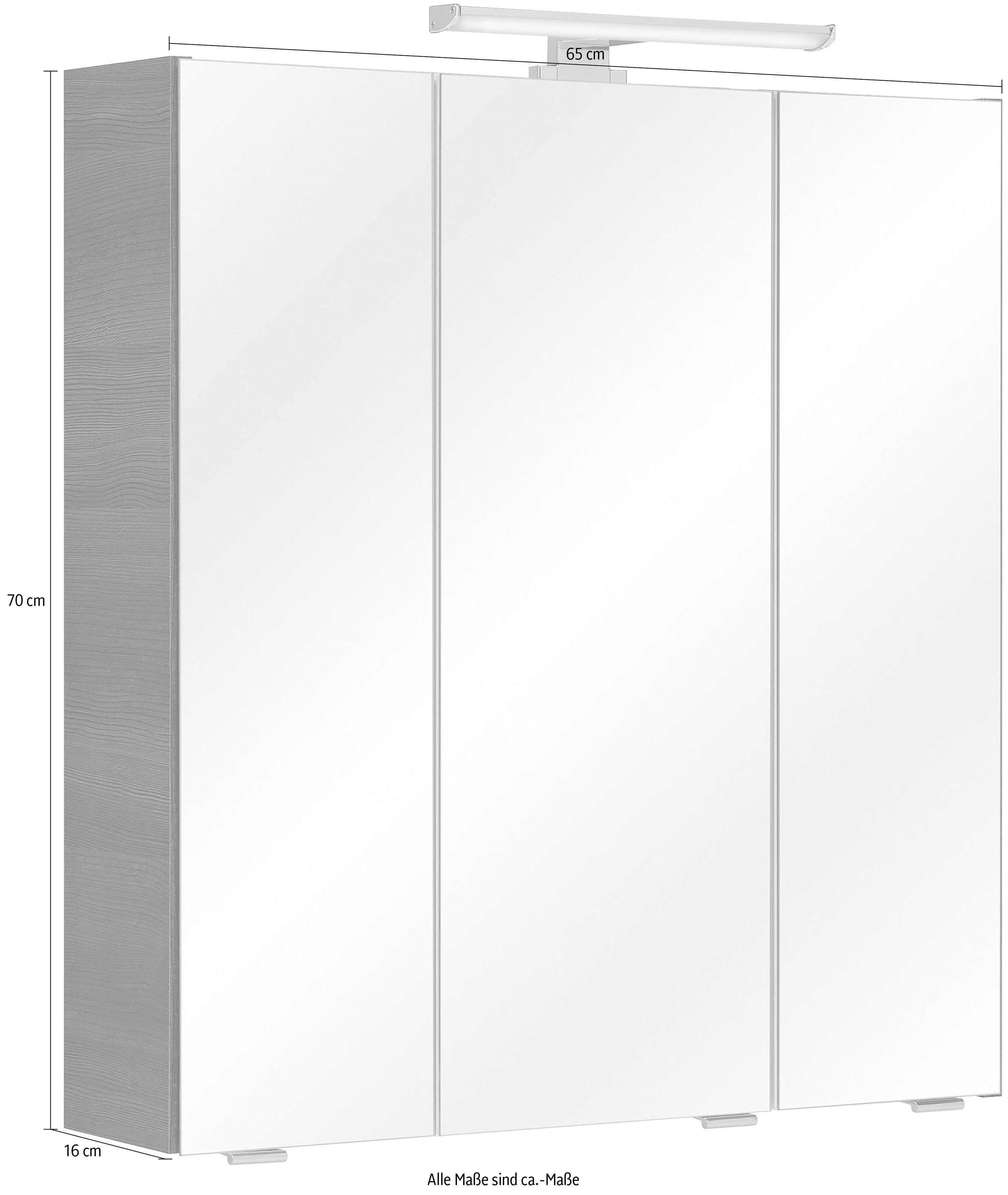 PELIPAL Spiegelschrank Quickset Breite Graphit/Graphit 3-türig, | 65 cm, LED-Beleuchtung, Struktur Schalter-/Steckdosenbox Graphit quer