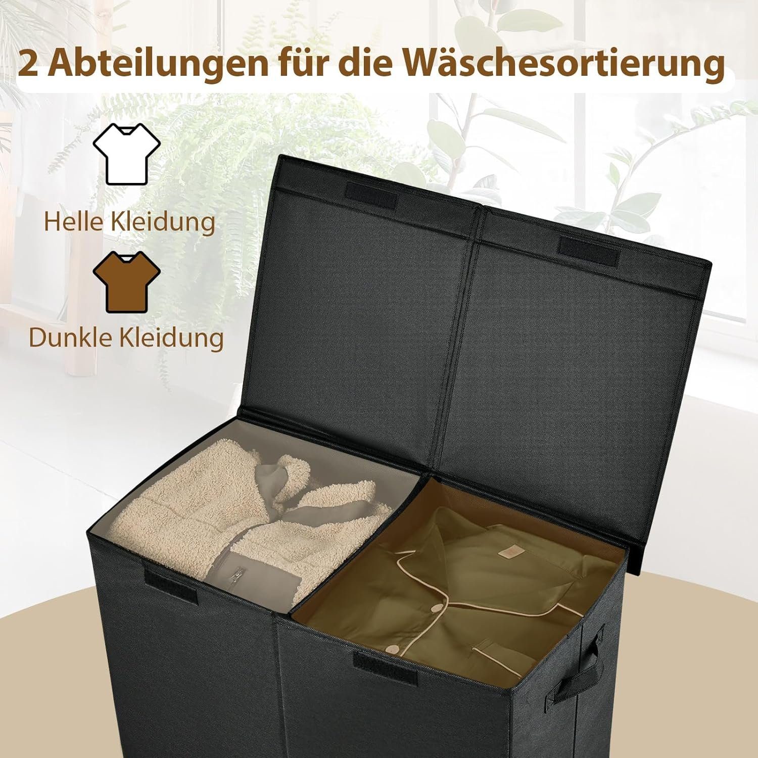 KOMFOTTEU Wäschekorb 2 Fächer, mit Deckel & Wäschesäcken, 62 x 31 x 60cm, 1 günstig online kaufen