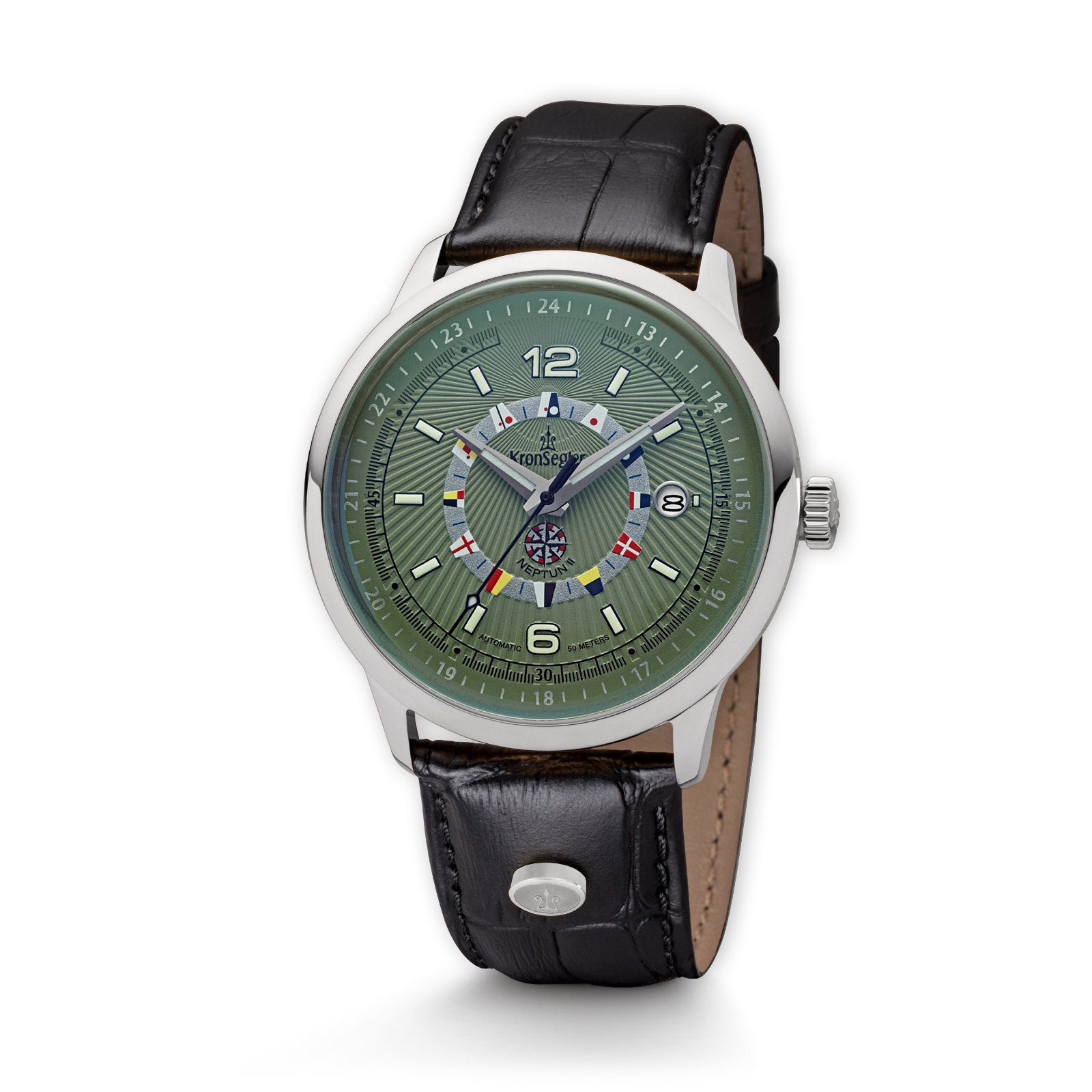 Kronsegler Automatikuhr Neptun II Herren Armbanduhr mit Lederband, mit nautischen Flaggen und 30-lagiger Superluminova