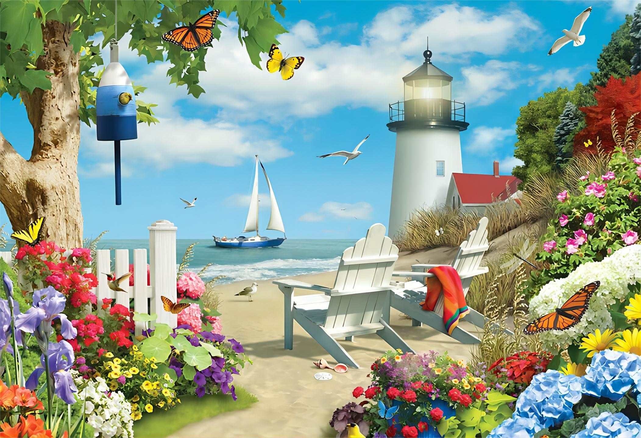 Rötting Design Malen nach Zahlen BASTELIDEE 5d Diamond Painting Set Motiv Strandkulisse mit Leuchtturm