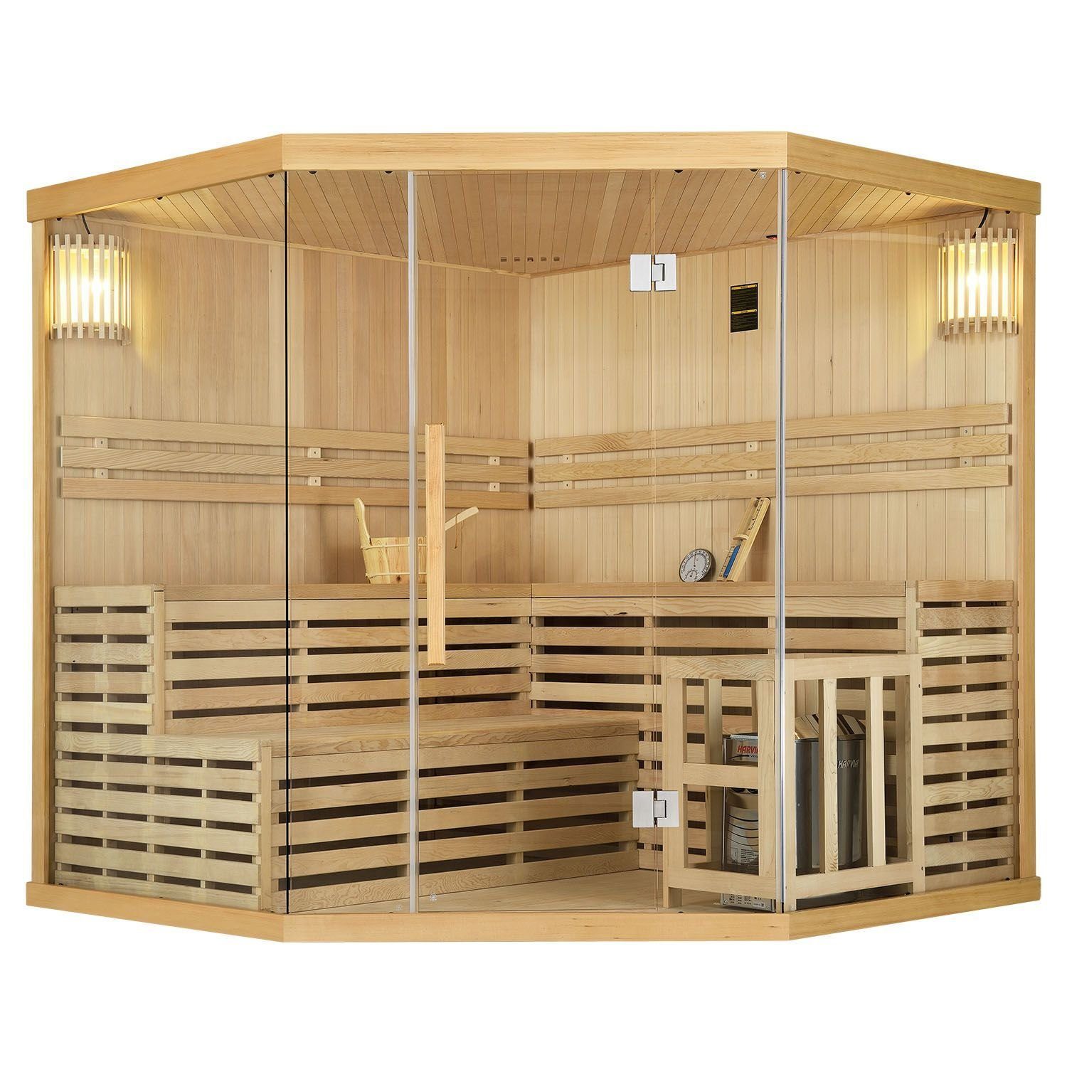 Artsauna Sauna Espoo200 Premium, 50 mm, für 5 Personen, Hemlock Holz, Harvia Ofen, Sanduhr, Thermo-Hygrometer