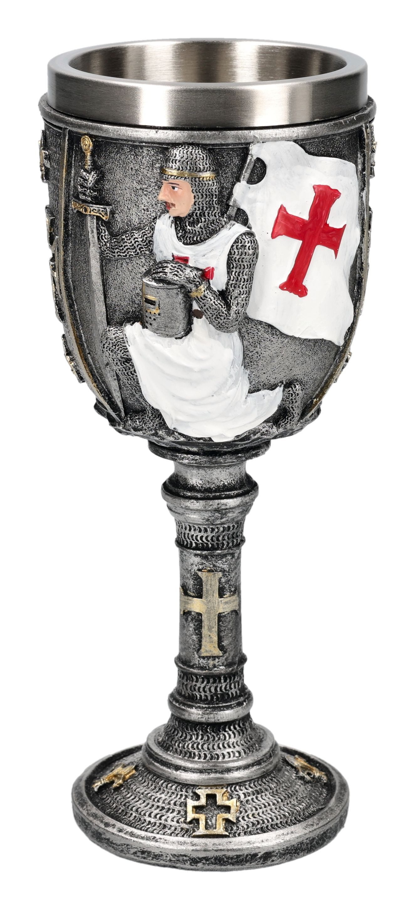 Figuren Shop GmbH Becher Ritterkelch Sammlerfigur – Kreuzritter Kelch Mittelalter Kelch 18,5 cm, Kunststein (Polyresin), Edelstahl