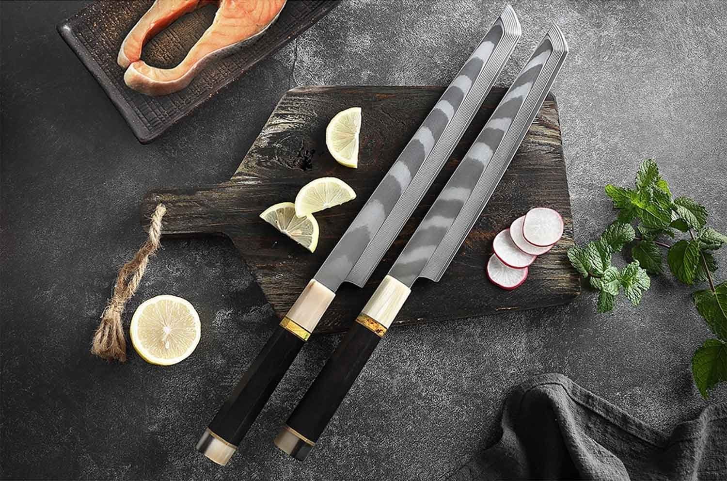 Yanagiba Messer Muxel Ebenholz- Sakimaru Damastmesser oder und SET geschliffen achteckigen Mit Büffel, einseitig
