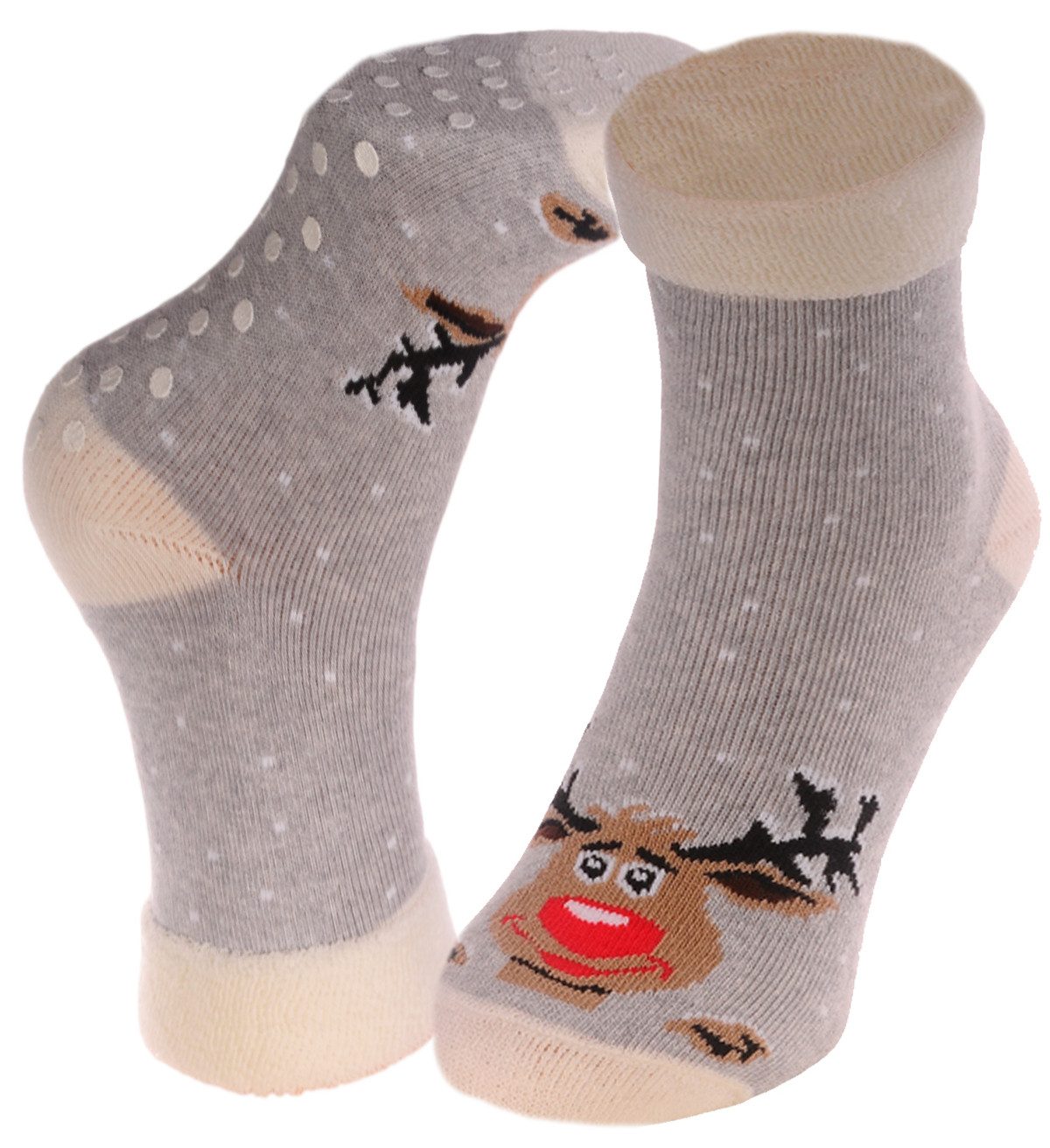 Martinex Thermosocken Socken Weihnachten Weihnachtssocken Antirutschsocken in Grau warm, weich, getoppt, mit Rentier, 33 34 35 36 37 38 39