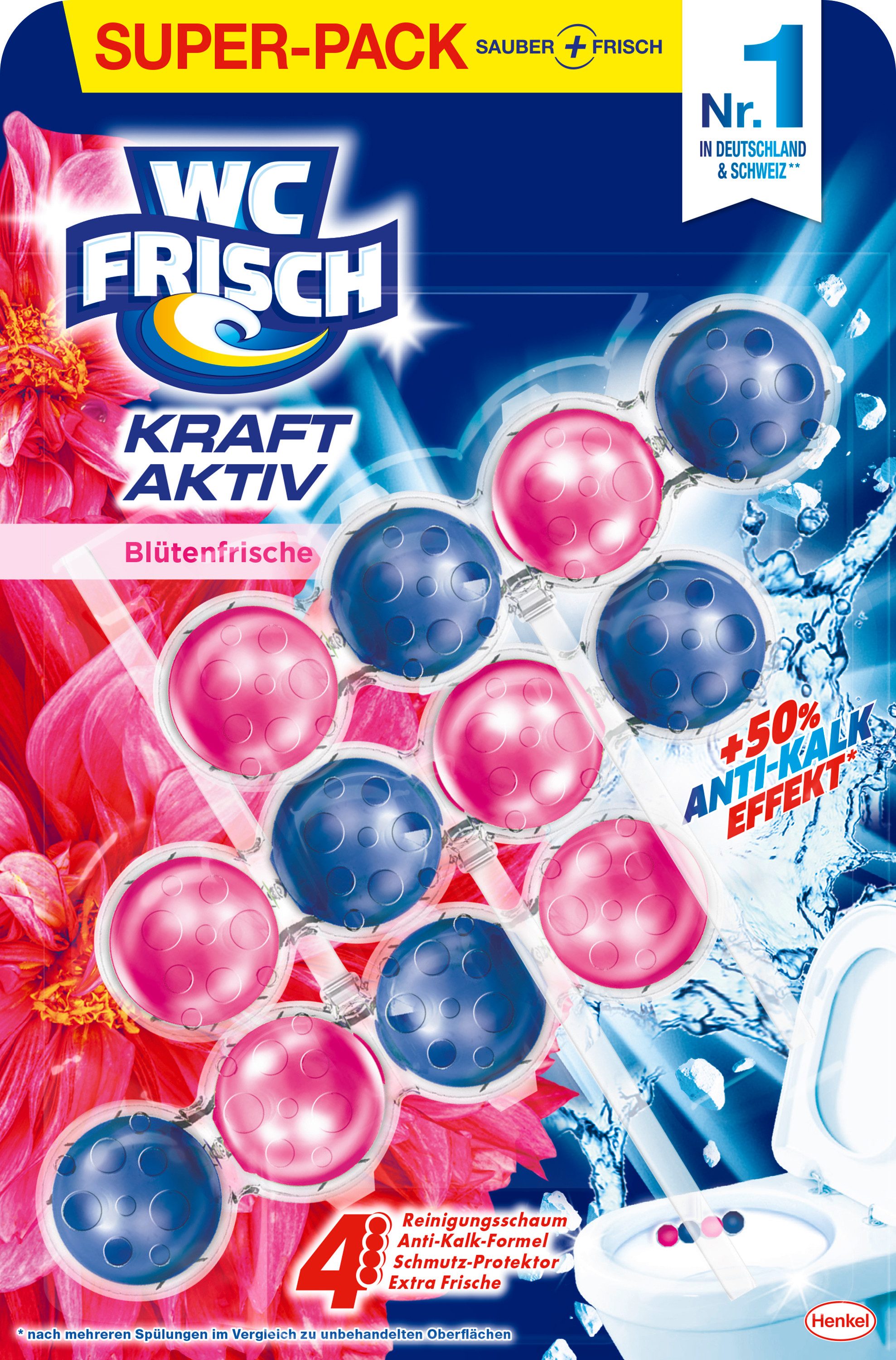 WC Frisch WC FRISCH Duftspüler Blüten-Frische Kraft Aktiv 150g WC-Reiniger (Triopack, [3-St. Duftsteine für langanhaltend frischen Duft + 50 % Anti-Kalk Effekt)