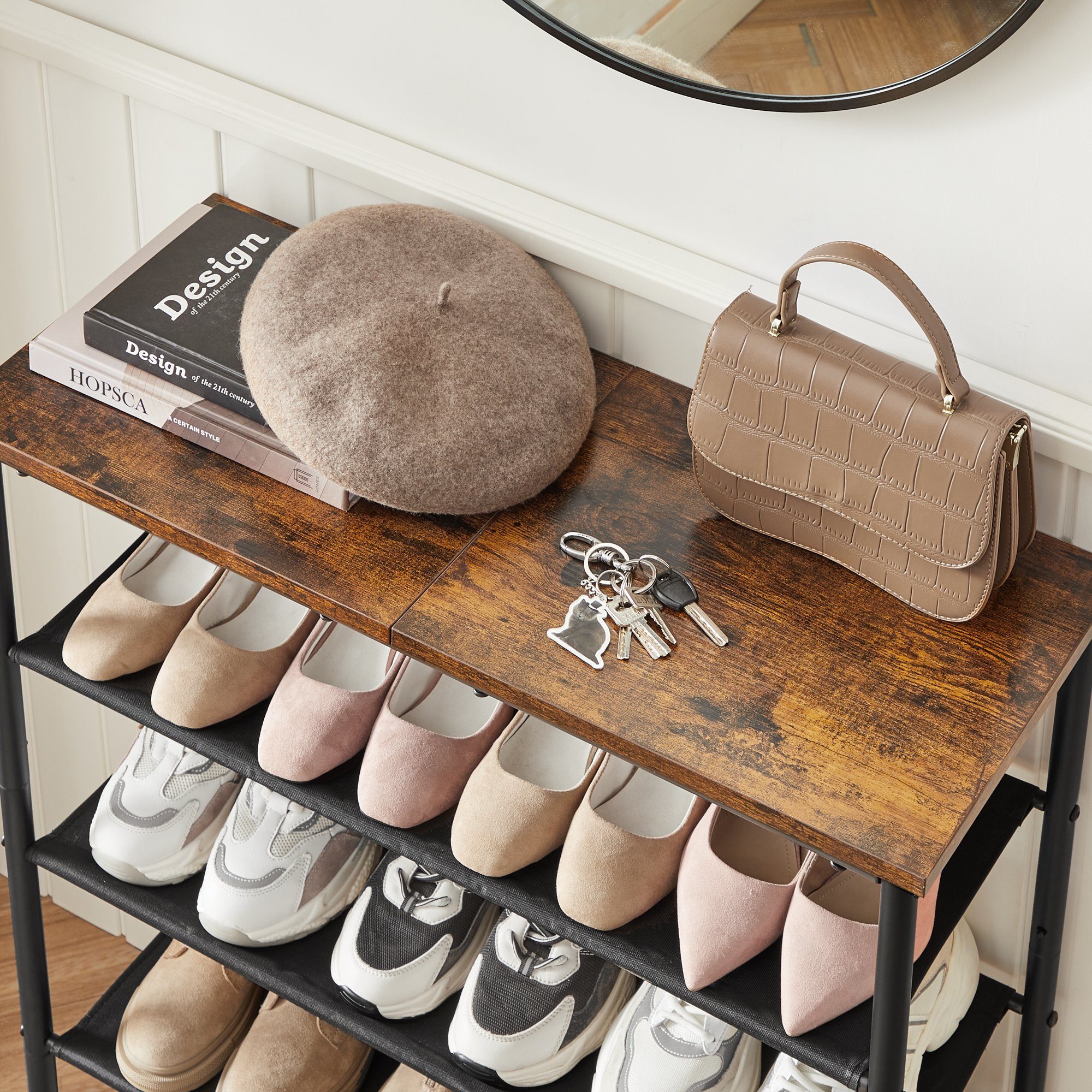 VASAGLE Schuhregal Schuhablage für Eingangsbereich, Stahl, Platzsparend, Industrie-Design, Schuhregal mit 4 Ebenen, 3 Stoffablagen, große Oberfläche für Taschen – Bild 4 von 5