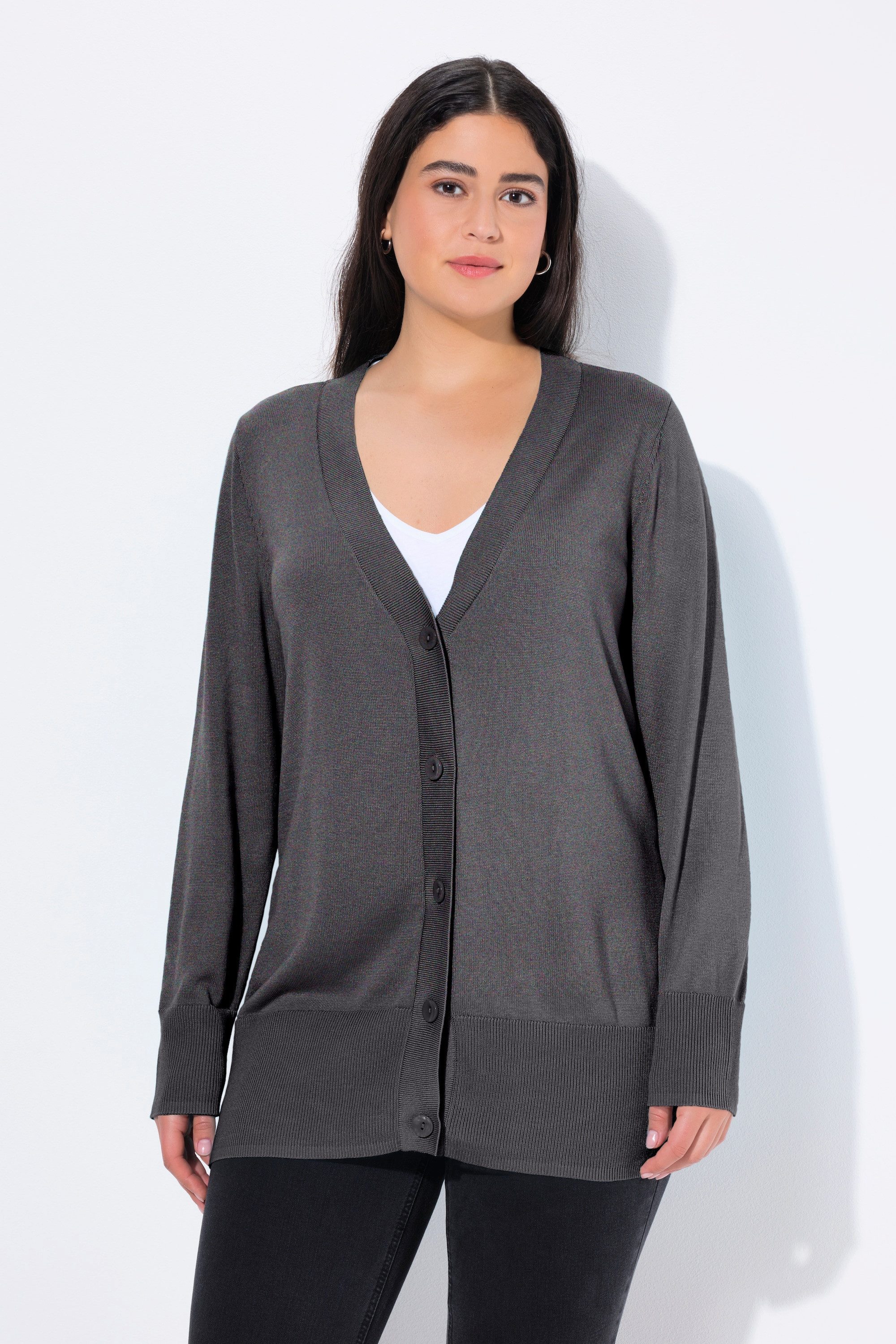 Ulla Popken Strickjacke Strickjacke V-Ausschnitt Knopfleiste Feinstrick günstig online kaufen