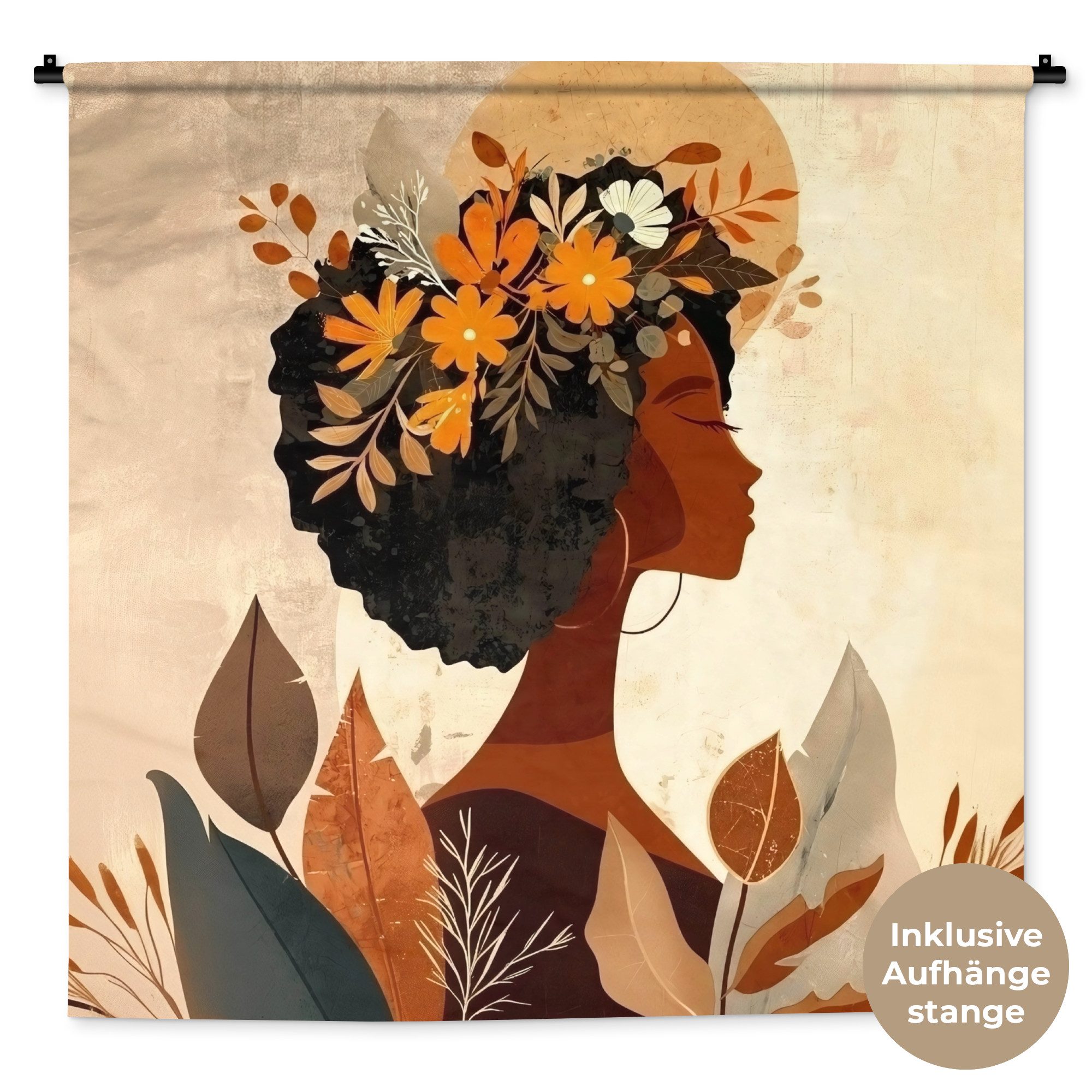 MuchoWow Wandteppich Frau - Locken - Blumen - Beige, Quadratisch, Höhe: 3 mm, Wandtuch, Wanddekoobjekt, 120x120 cm