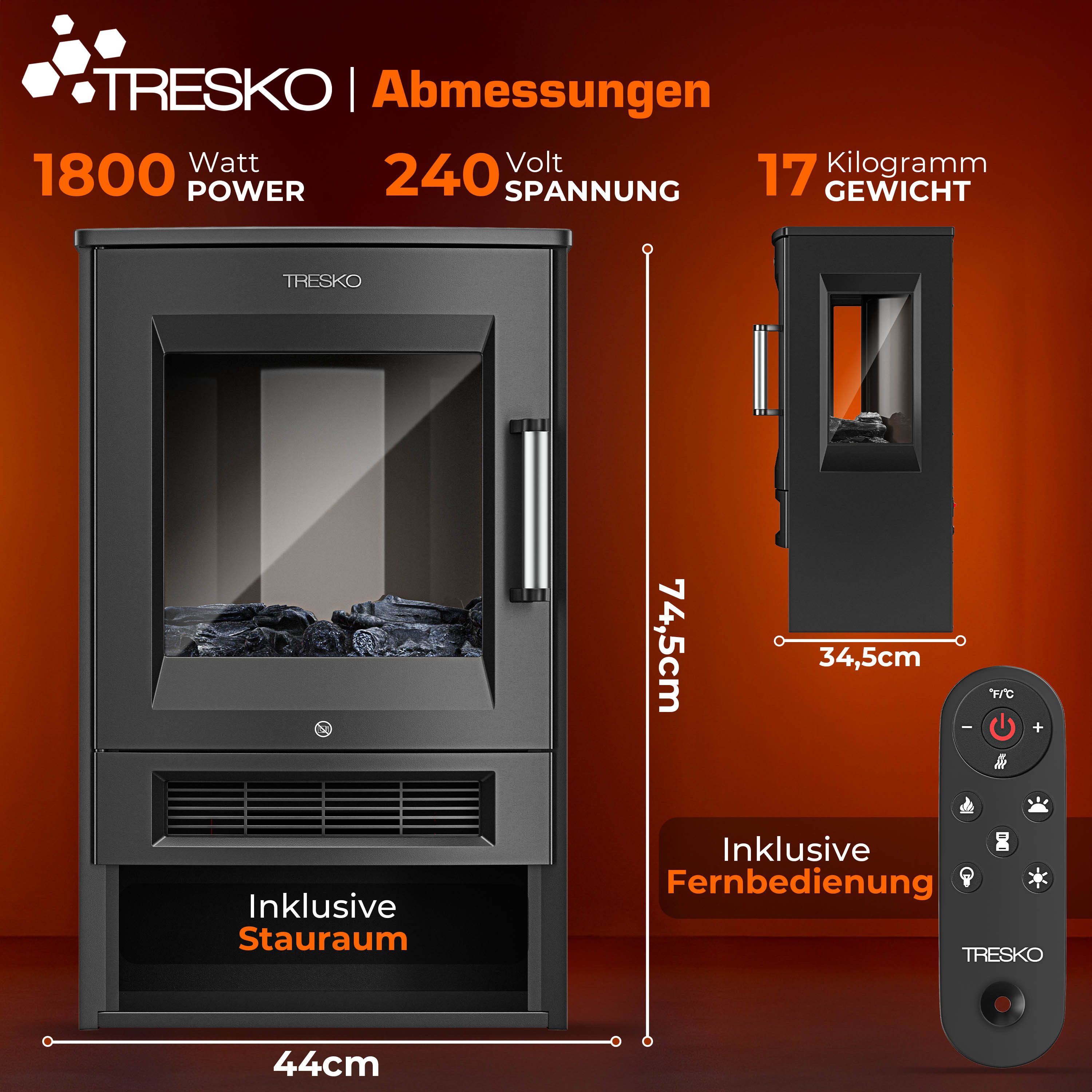 TRESKO Elektrokamin mit Heizung 1800W inkl. Fernbedienung & WiFi App Kaminf günstig online kaufen