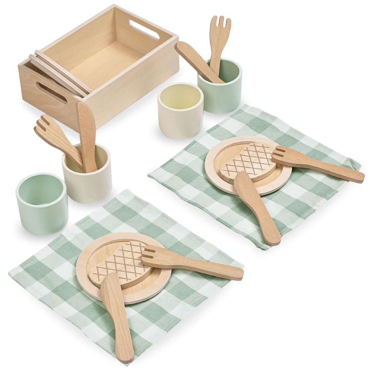 Mamabrum Kinder-Küchenset Kinderspielzeug Holz-Dinnerset mit grünen Unterla günstig online kaufen