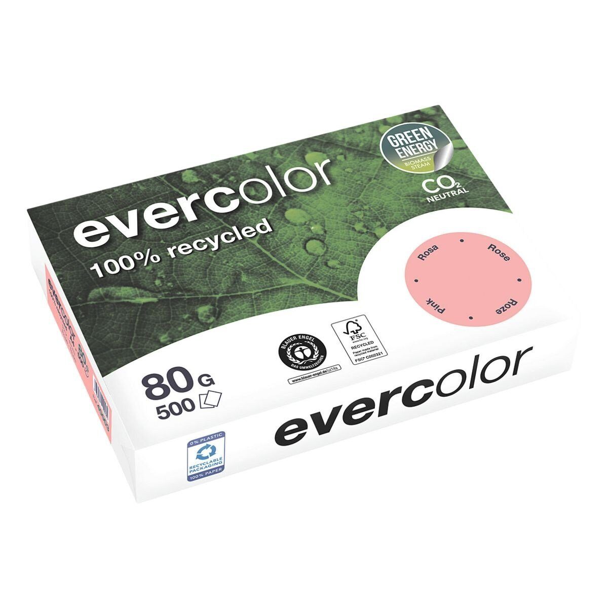 CLAIREFONTAINE Recyclingpapier evercolor, Pastellfarben, Format DIN A4, 80 g/m², 500 Blatt rosa