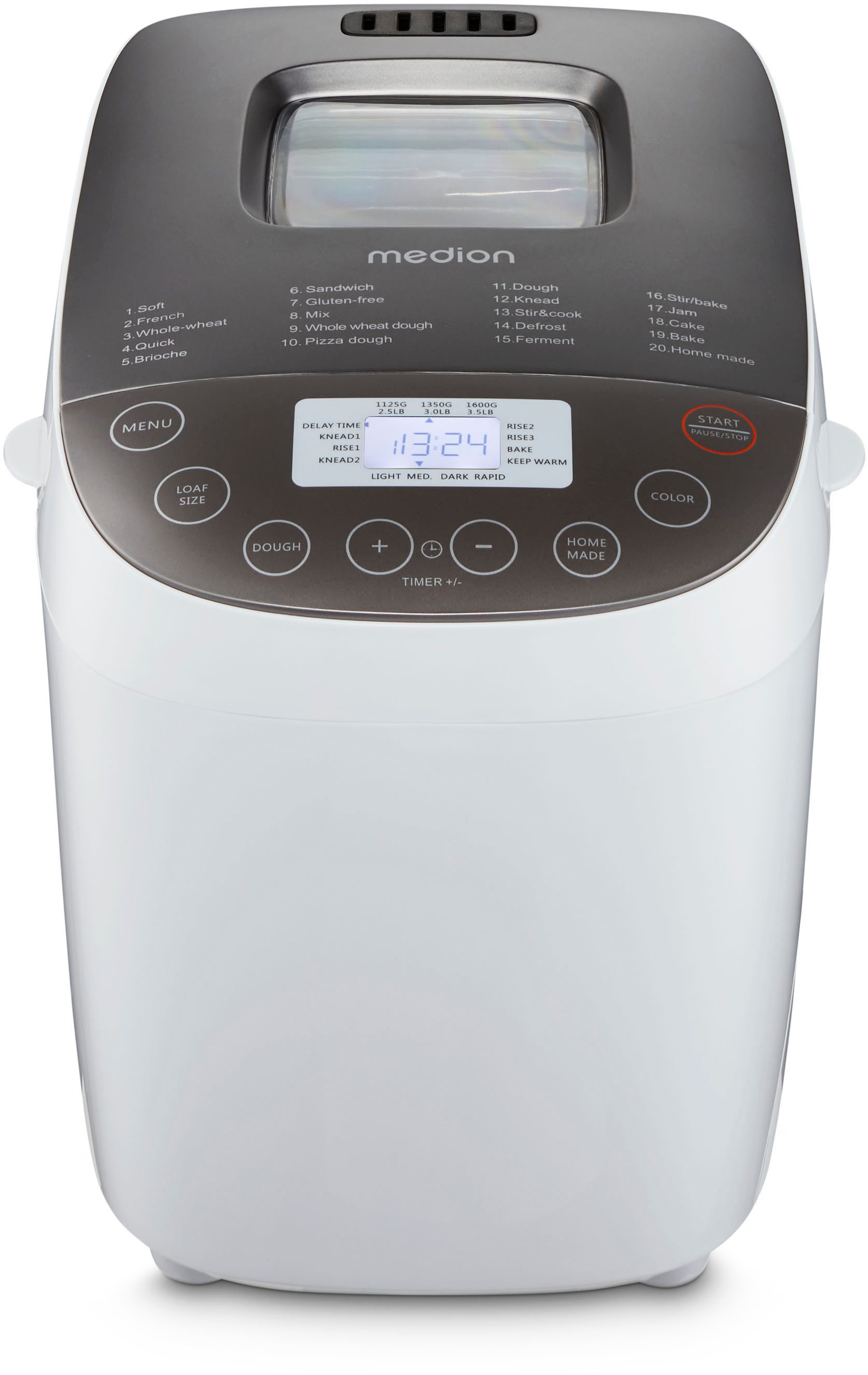 Medion® Brotbackautomat MD 12040, 20 Backprogramme, 3 Bräunungssufen, doppelter Knethaken, 20 Programme, 950 W, Bis zu 1600g Fassungsvermögen, Warmhaltefunktion, ILAG Beschichtung