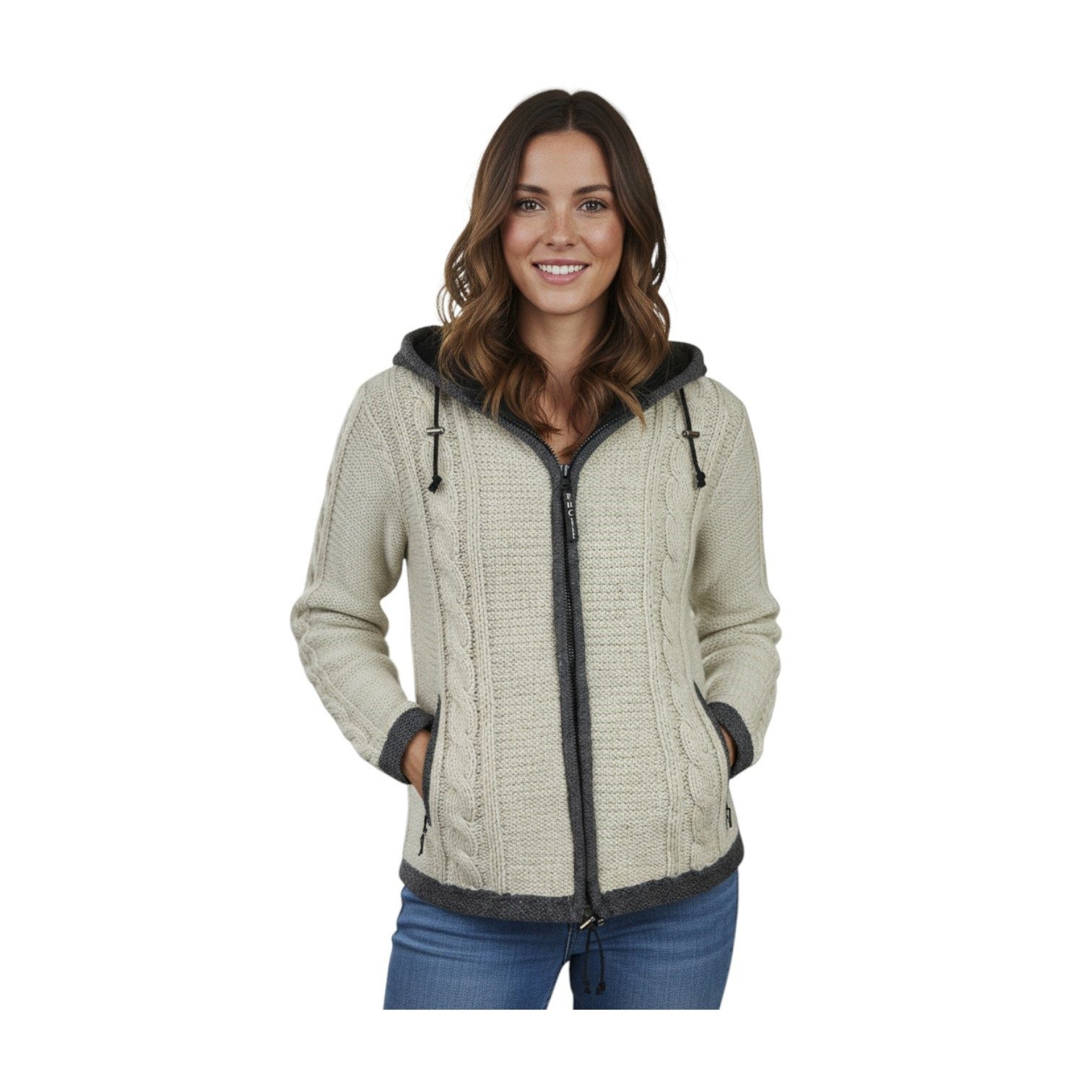 THC Natural Line Strickjacke THC Schafwollstrickjacke 850 weiß (1 Stück, 1-tlg., 1 Stück) Strickjacke mit abnehmbarer Kapuze
