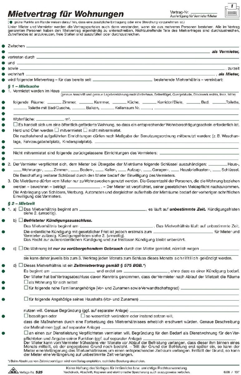 Formularblock Wohnungs-Mietvertrag A4 ausführlich VE=10 Stück.