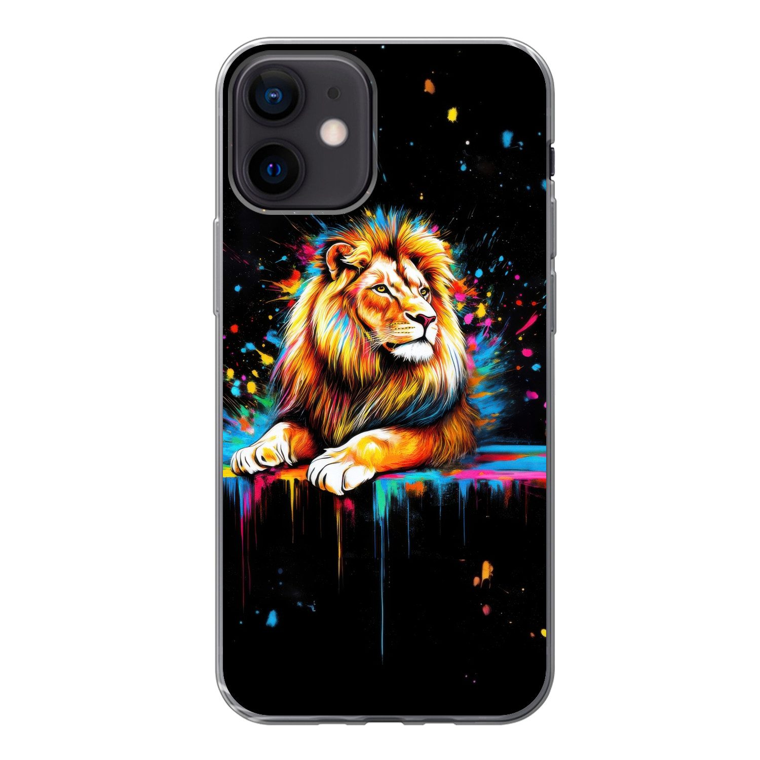 MuchoWow Handyhülle für Apple iPhone 12 Löwe - Bunt - Spritzer, Smartphone-Bumper, Print, Handy Schutzhülle Dünn