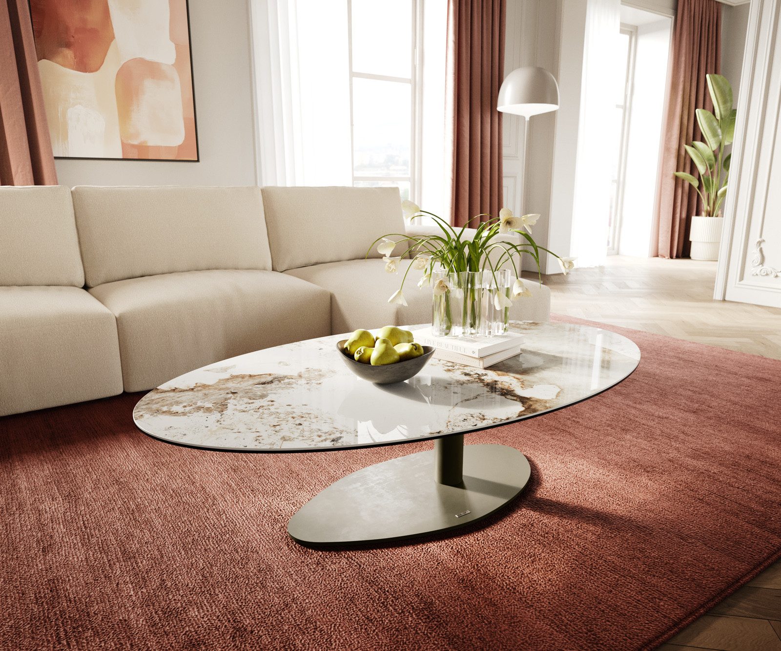 DELIFE Couchtisch Edge, Oval 140x80 cm Keramik Minas Melange Vibany Metall Effektfinish Titan