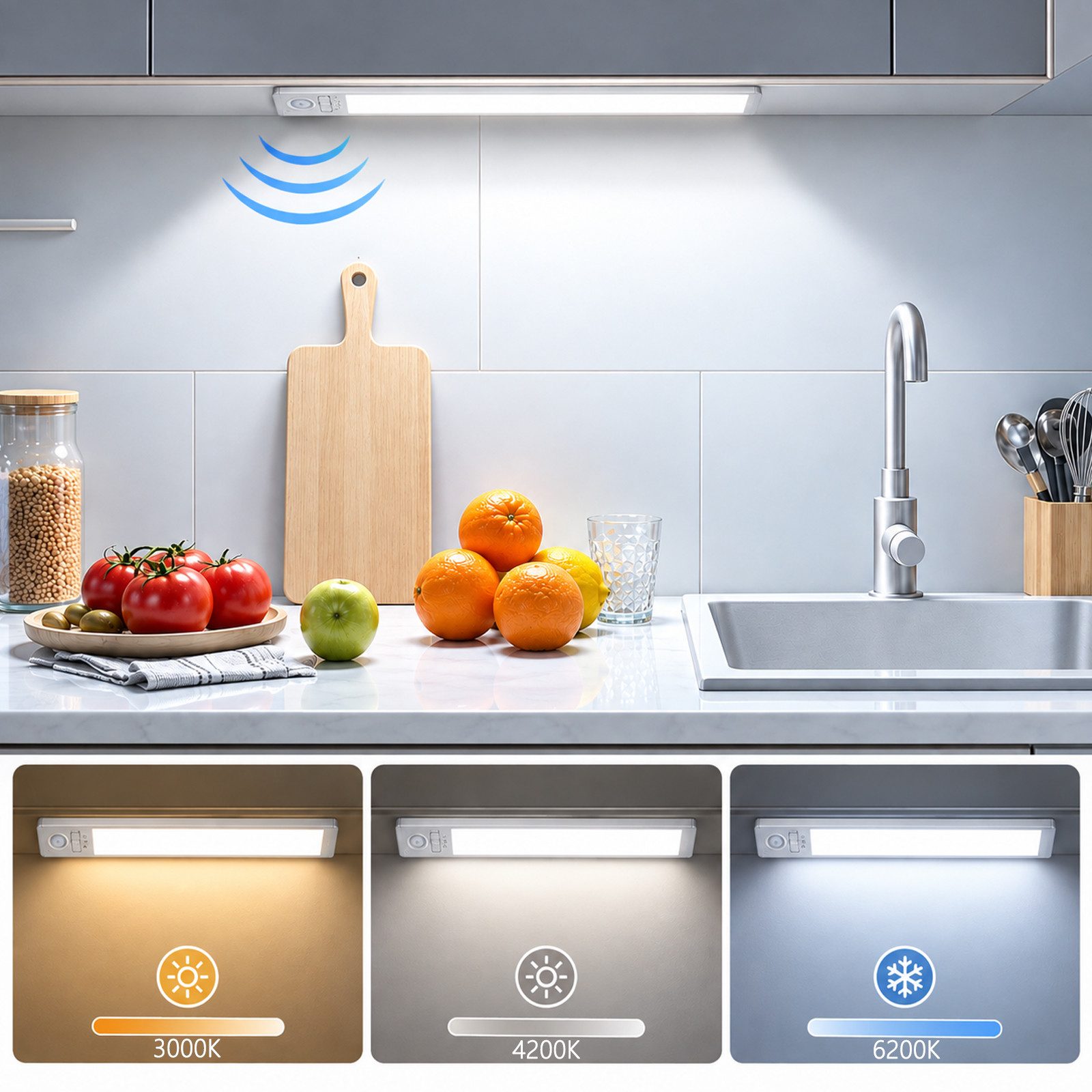 BOOD LED Unterbauleuchte mit Bewegungsmelder und Lichtsensor,25cm&1800mAh,Aluminiumlegierung, USB-C wiederaufladbar,Einfach Montage Stark,schrankbeleuchtung, Warmweiß (3000K)/Neutralweiß (4200K)/ Kaltweiß (6200K), mit Bewegungsmelder und Lichtsensor,Hochwertiges Aluminiumgehäuse