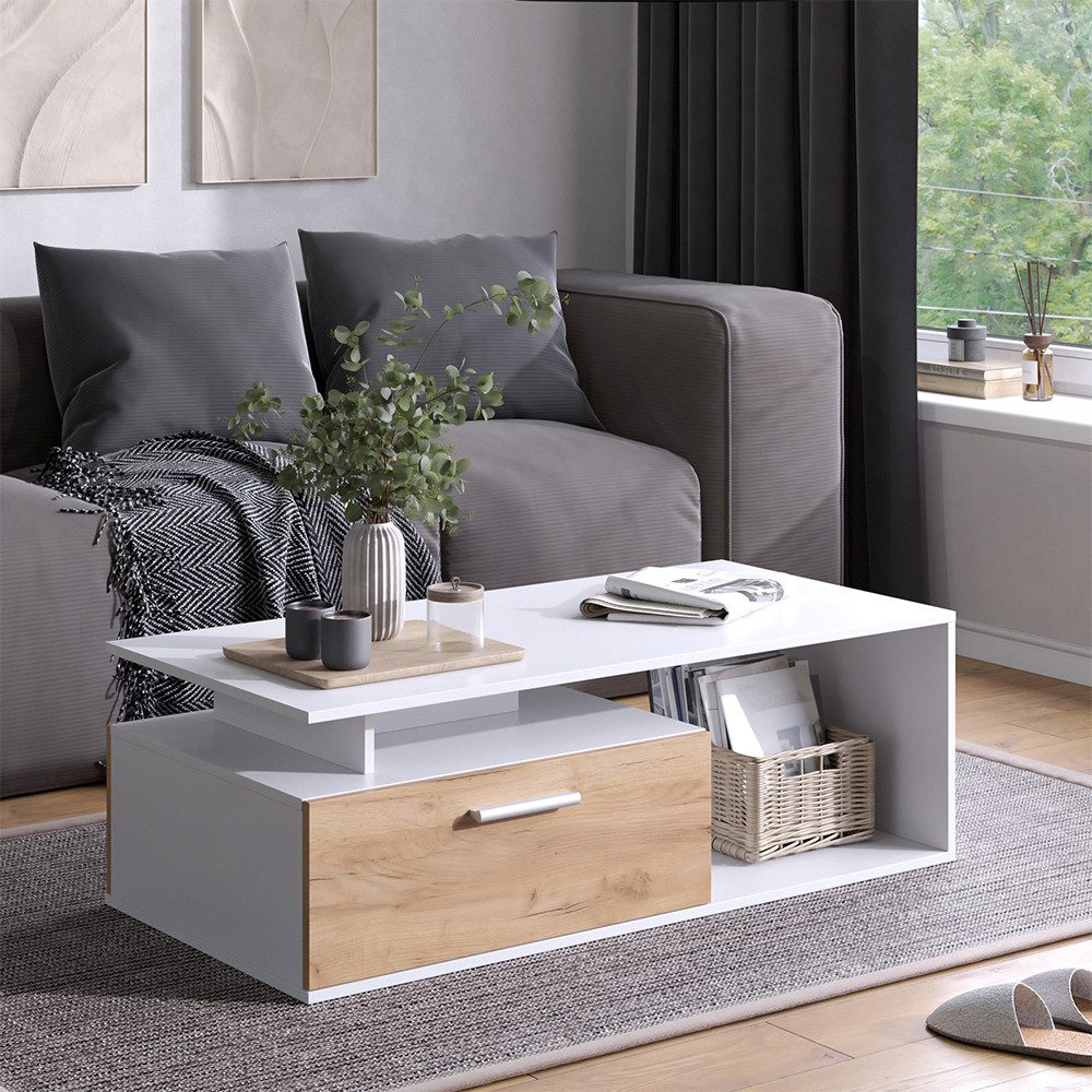 Vicco Couchtisch Roland, Weiß/Goldkraft Eiche, 118 x 59 cm (1-St) günstig online kaufen