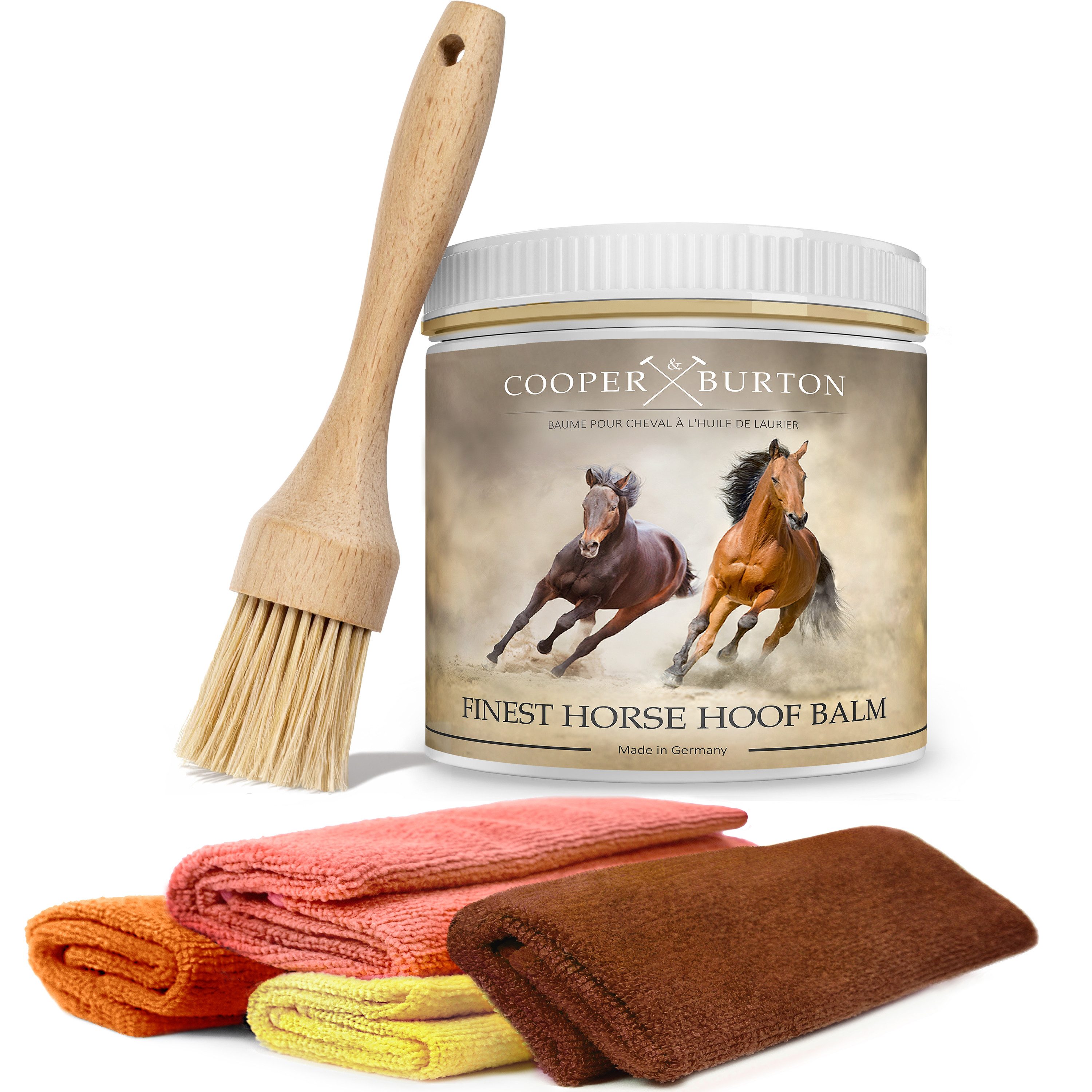 Cooper&Burton Pferdebürste Hufbalsam für Pferde, Hufpflege mit nat. Ölen für gesunde Hufe 500ml, (3-tlg)