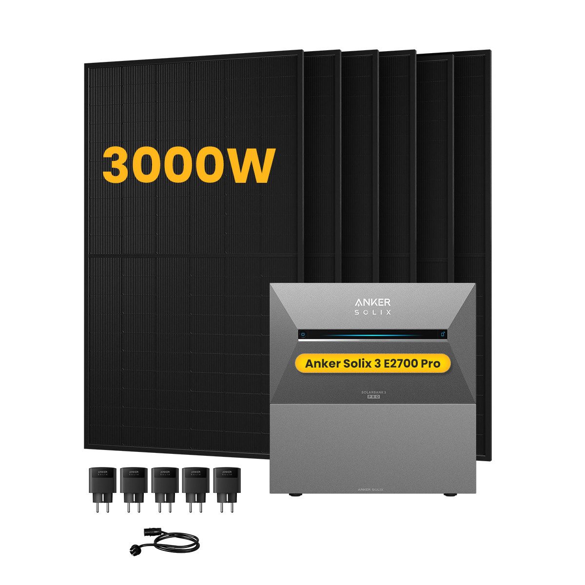 Anker Balkonkraftwerk 3000W Anker SOLIX Solarbank 3 E2700 Pro mit Zusatzsakku und Smart Plug, (5xSmart Plug und 6x 500Wp Solarmodule im Lieferumfang enthalten), Speicher mit integriertem Wechselrichter, All-in-One 2,668kWh Akku