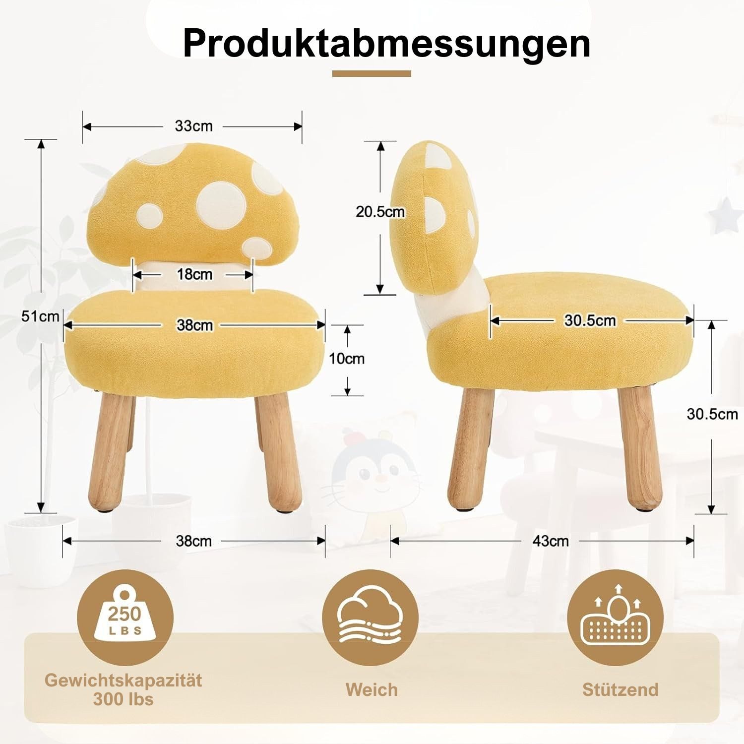 WAHSON OFFICE CHAIRS Kindersessel Chenille, Pilzrückenlehne und Holzbeinen Kindercouch für Spielzimmer