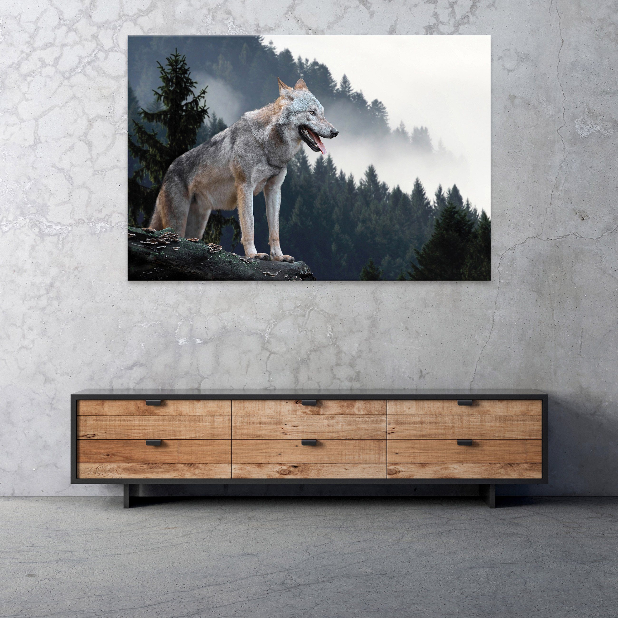 Aufhängefertig Nebel Wald (Einteilig), Wolf Wallarena XXL Wolf den in Tiere Wandbild Leinwandbild Bergen Modern, Natur Leinwandbilder