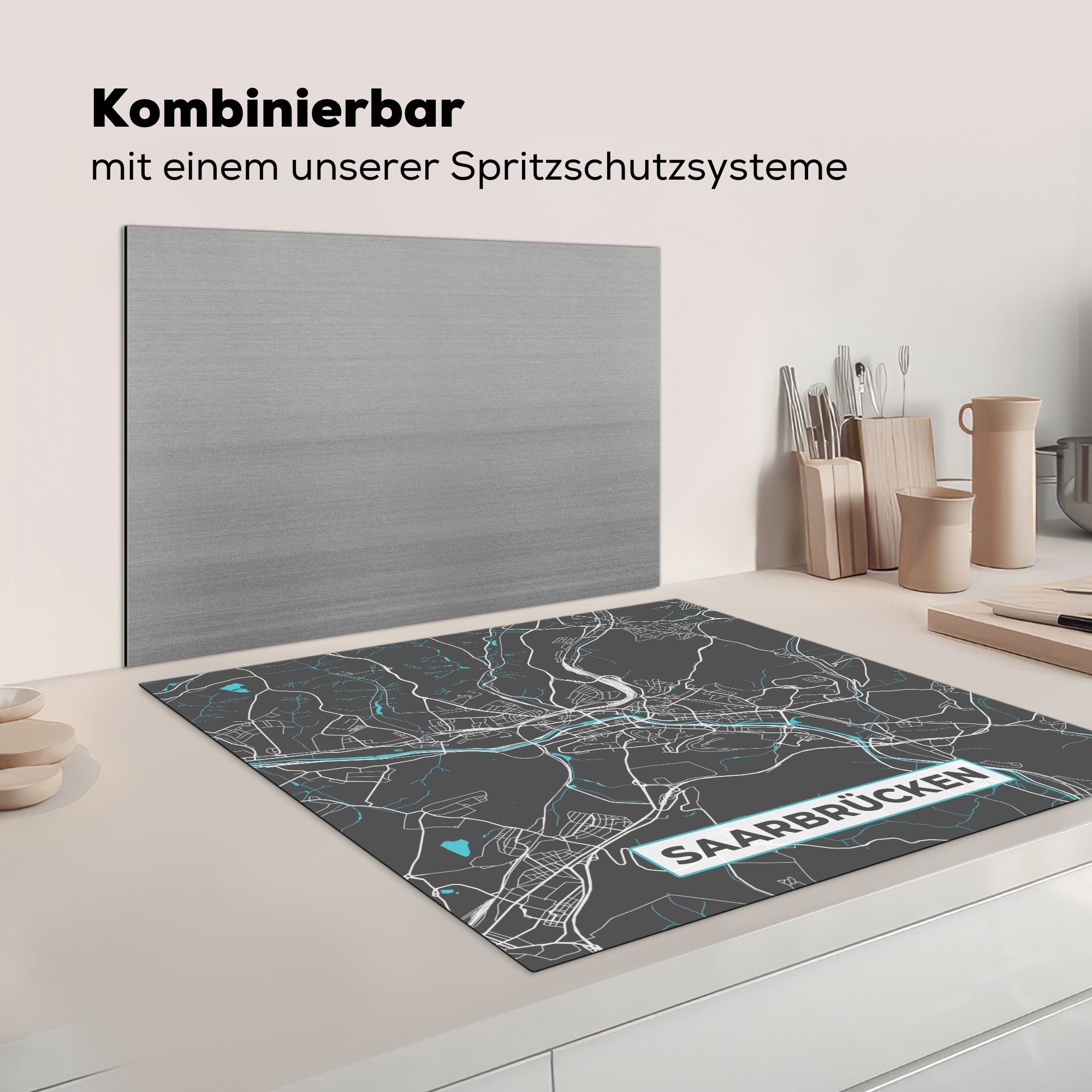 cm, 78x78 - Vinyl, - Stadtplan Arbeitsplatte küche Karte (1 tlg), - Herdblende-/Abdeckplatte Deutschland - MuchoWow Ceranfeldabdeckung, für Saarbrücken, Blau