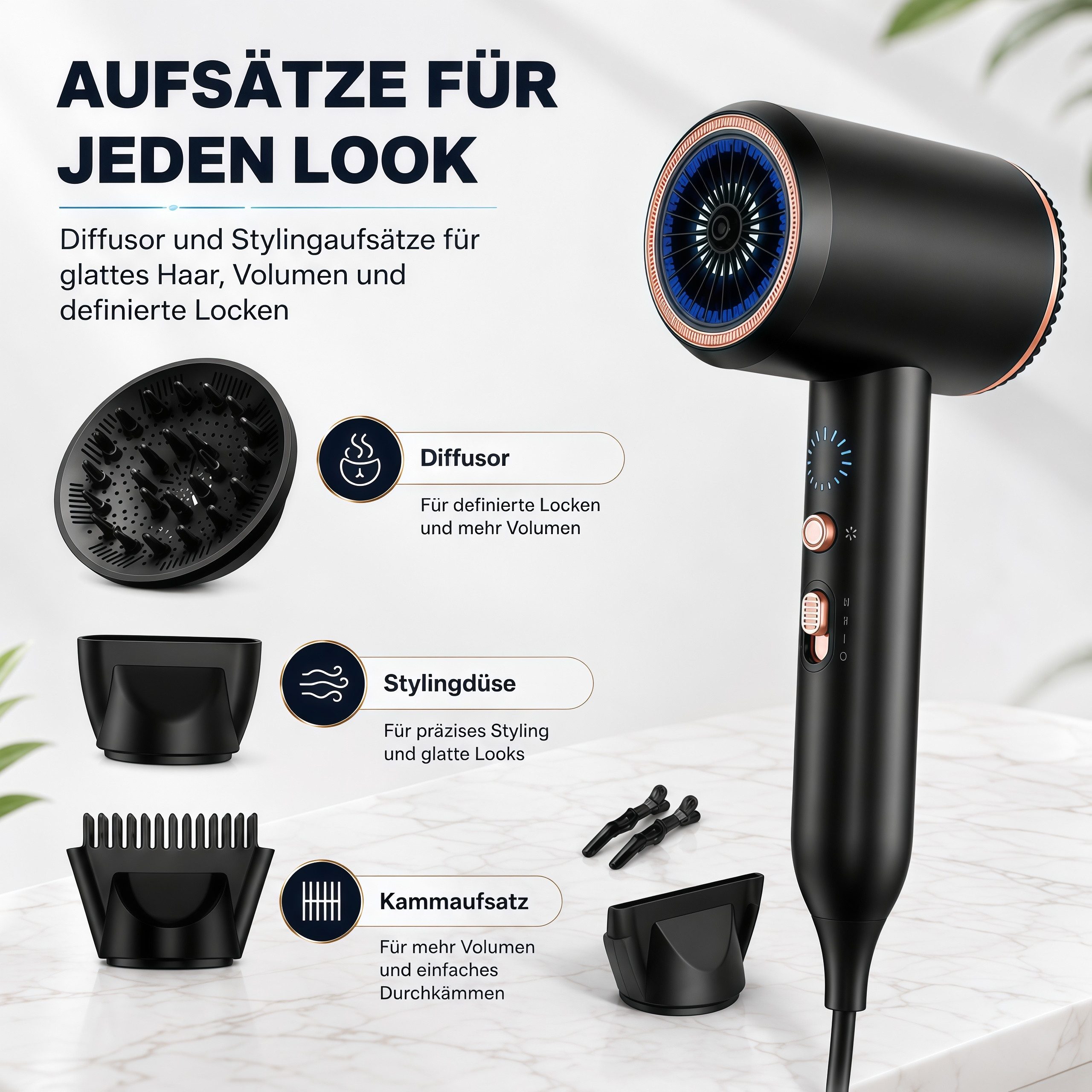 ibettertec Haartrockner Föhn,Haartrockner Ionen mit Diffusor-Konzentrator-Düse, 2400W, 2400 W, Turbo-Ultra-Leise-Motor, föhn 4-in-1, Mit Heiß- und Kaltzyklus, 4 – Bild 5 von 5
